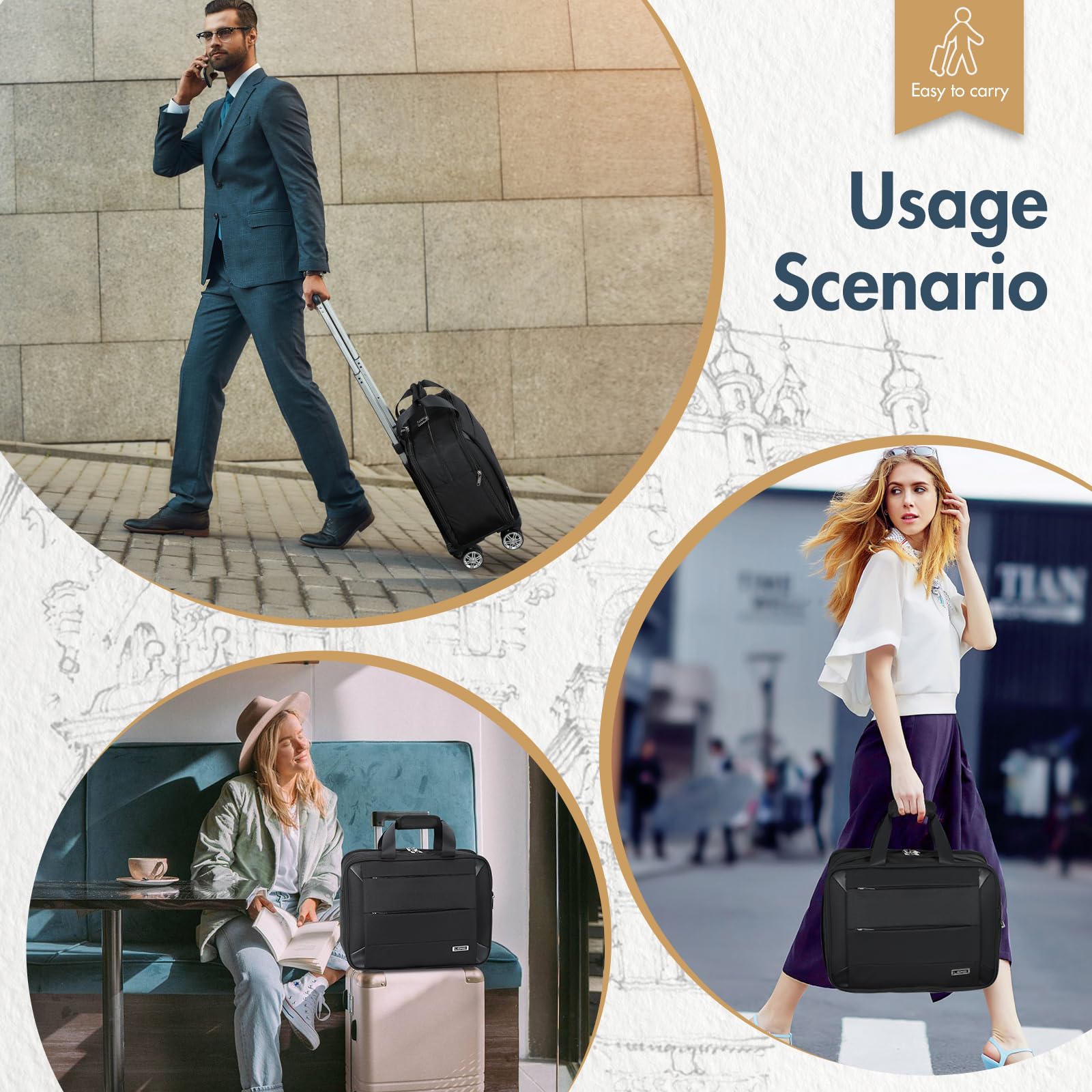 Maletín con Ruedas, Bolsa de Negocios con Cerradura TSA, Compartimento para Portátil, Bolso de Viaje Impermeable, Negro
