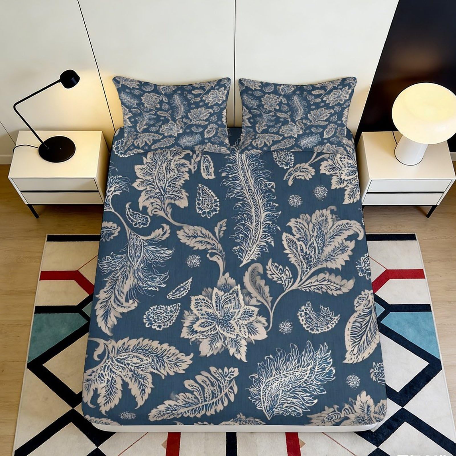 3D Printed Botanical Fitted Sheet Microfiber Deep Pocket Non-Slip Leaf Mattress Fitted Cover Bedroom Washable 140x200x25cm