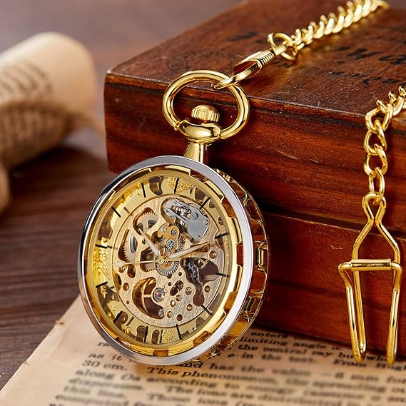 Men's Pocket Watch Steampunk Mechanical Pocket Watches with Chain for Daily Holidays Use Christmas Birthday Fathers Day Anniversaries with Gifts Box,Gold