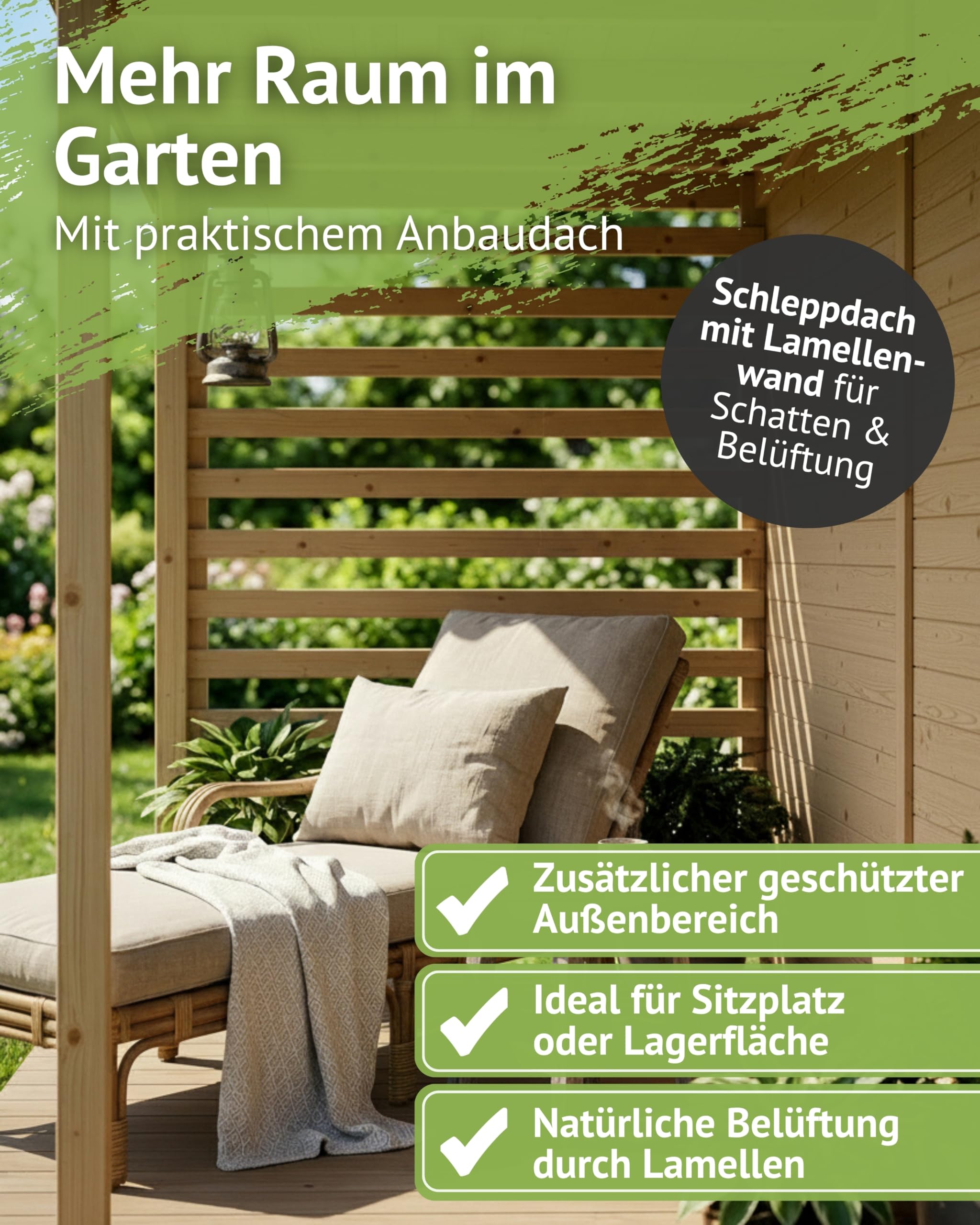 Steiner Shopping Gartenhaus Glücksburg 04 aus nordischer Fichte I 14 mm Elementgartenhaus mit Schleppdach, Fußboden & Lamellenwand I Nutzfläche 6,87 m² I Robust, vielseitig & einfach aufzubauen