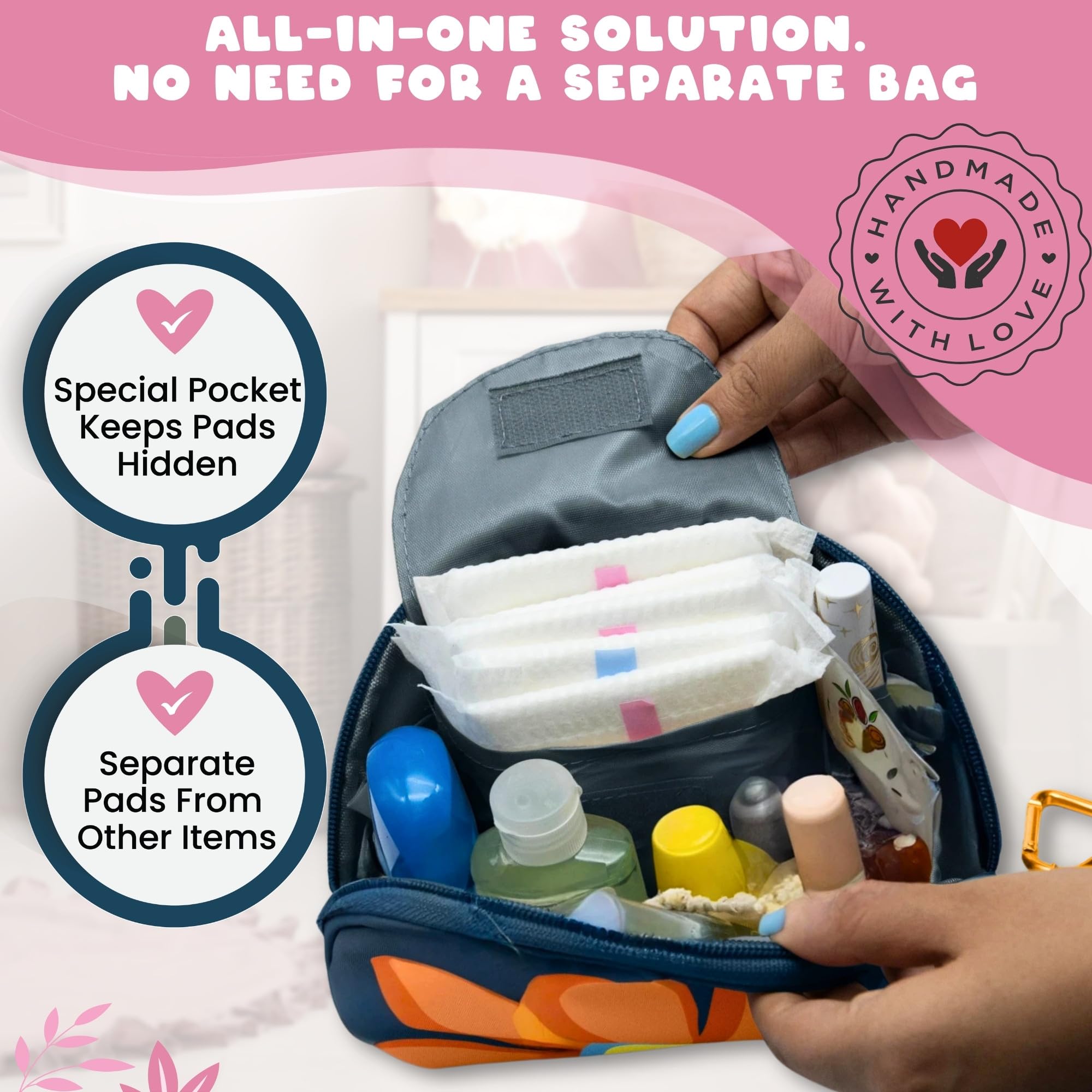 The Bloom First Period Kit for Girls 9-12 – 32 PC Tween Starter Kit with Cute Sanitary Napkin Storage Bag – Portable Waterproof Emergency Pad Pouch (Pink & Blue)