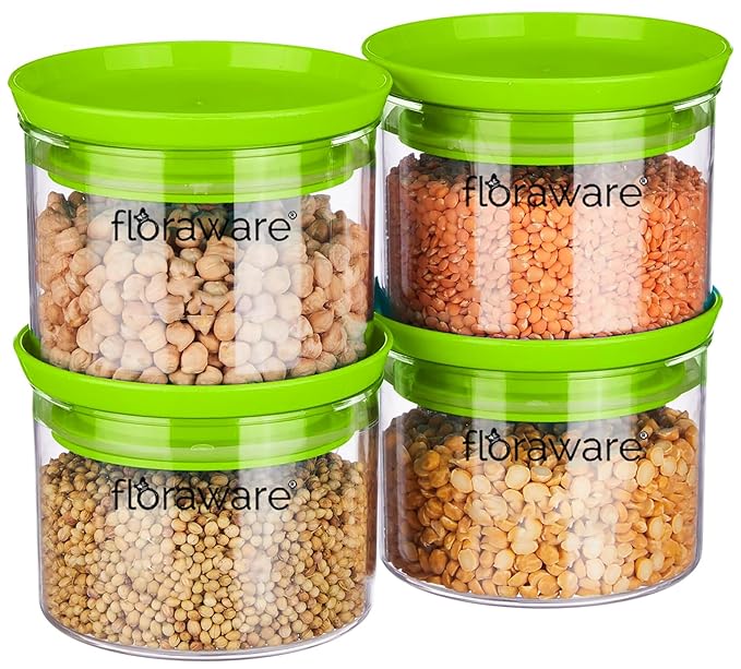 Floraware Plastic Air Tight BPA Free Stackable Round Push Multipurpose Containers For Kitchen Organizer 500ml for Rice Dal Flour Snacks Cereals Pack of 4 (Green)