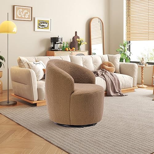 Miniatura 93 de HomVent Silla giratoria con tapizado de peluche, silla redonda con base de metal, sillón giratorio de 360 grados, sillón tapizado para ocio, sala de