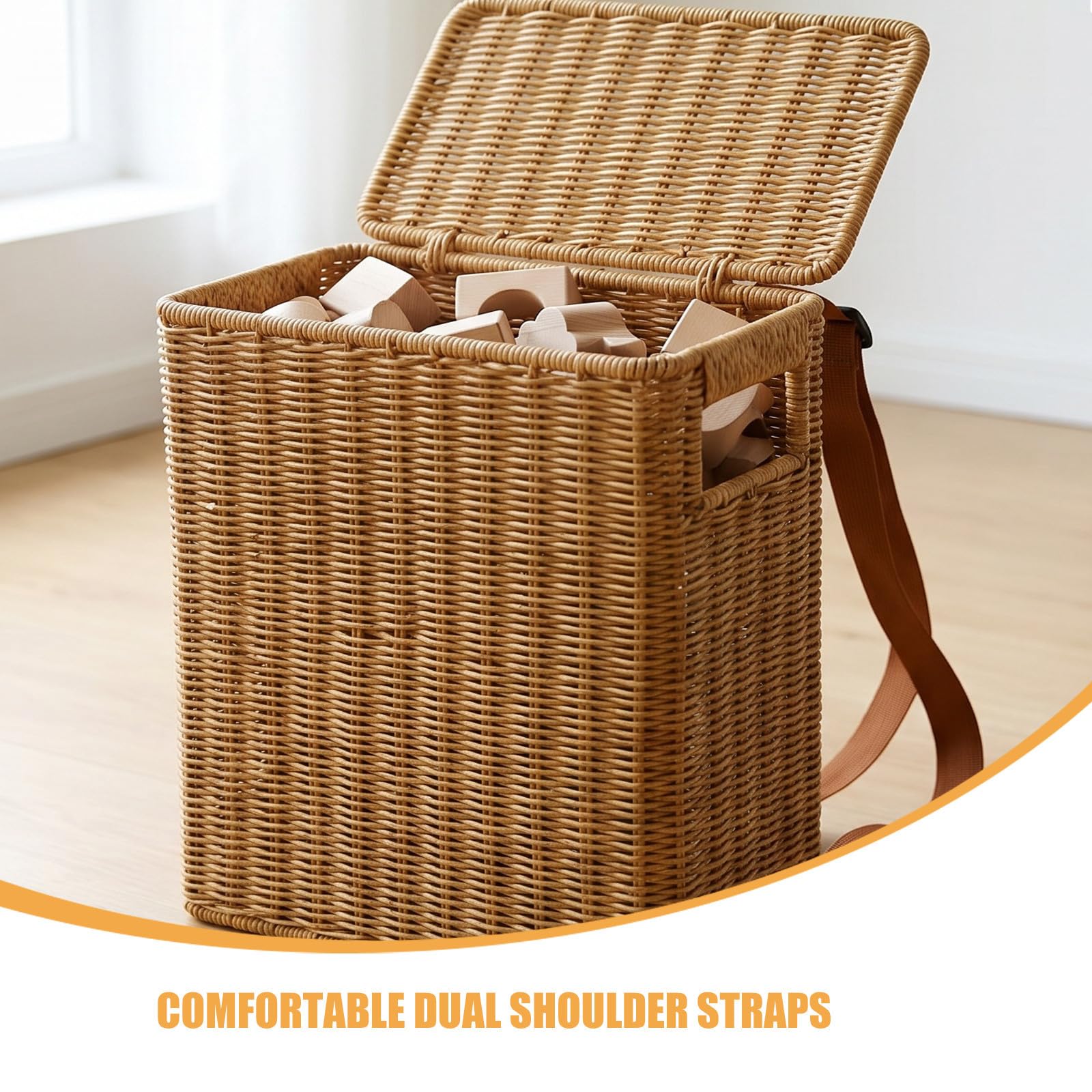 Alasum Cesta Ratán Sintético Ligera con Asas y Correas de Hombro, Diseño Alto y Estrecho con Tapa, Adecuado para Picnic y Almacenamiento en Casa