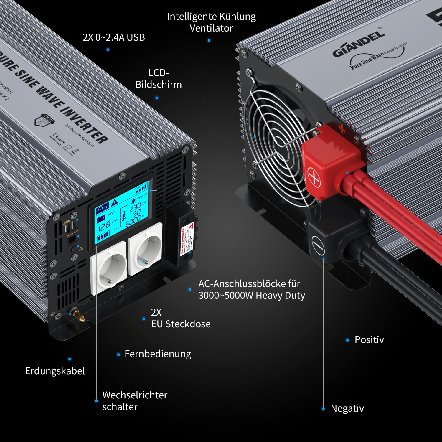 GIANDEL Inversor de voltaje de 5000 W, 12 V a 230 V, compatible con batería de litio para instalación solar, autocaravana, camión, campista, con mando a distancia de 30 pies, gran pantalla LCD