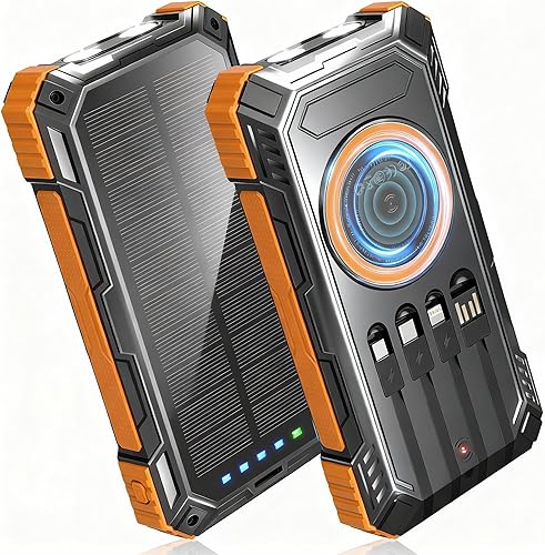 Banco de energía solar, cargador de teléfono portátil inalámbrico de 49800 mAh con 4 cables integrados, batería externa de carga rápida de 22.5 W,