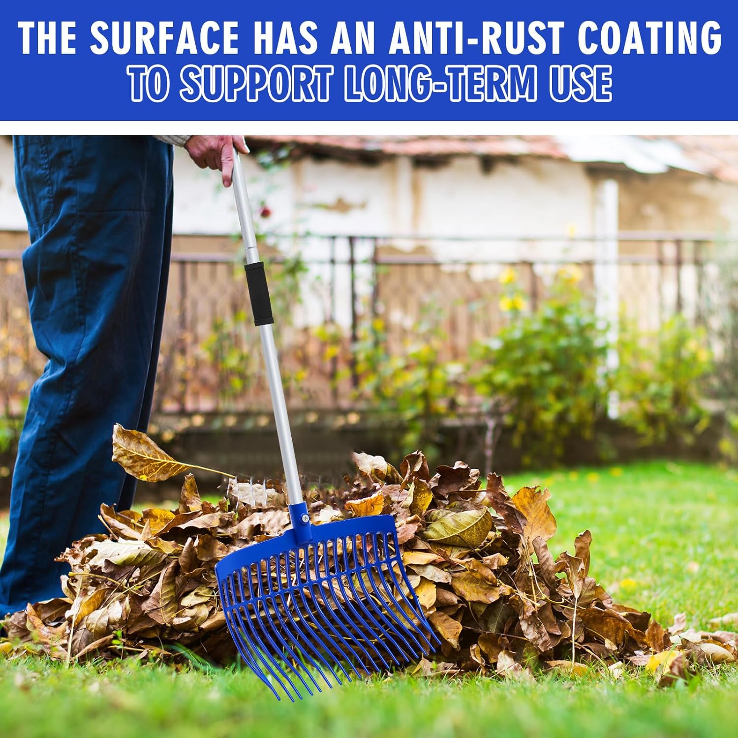 Lasnten 3 Sets Blue Manure Fork with Long Metal Handle Pitch Fork Manure Rake Heavy Duty Muck Rake for Gardening Horse Stall Stable Grass Hay Cleaning Farm Work(D Shaped Grip)