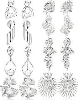 Akeoqi 8 Pairs Gold Statement Earring for Women Chunky Sectored Flower Leaf Teardrop Drop Dangle Earring Big Twist Woven Texture Irregular Geometric Jewelry Gifts Gold Silver Plated