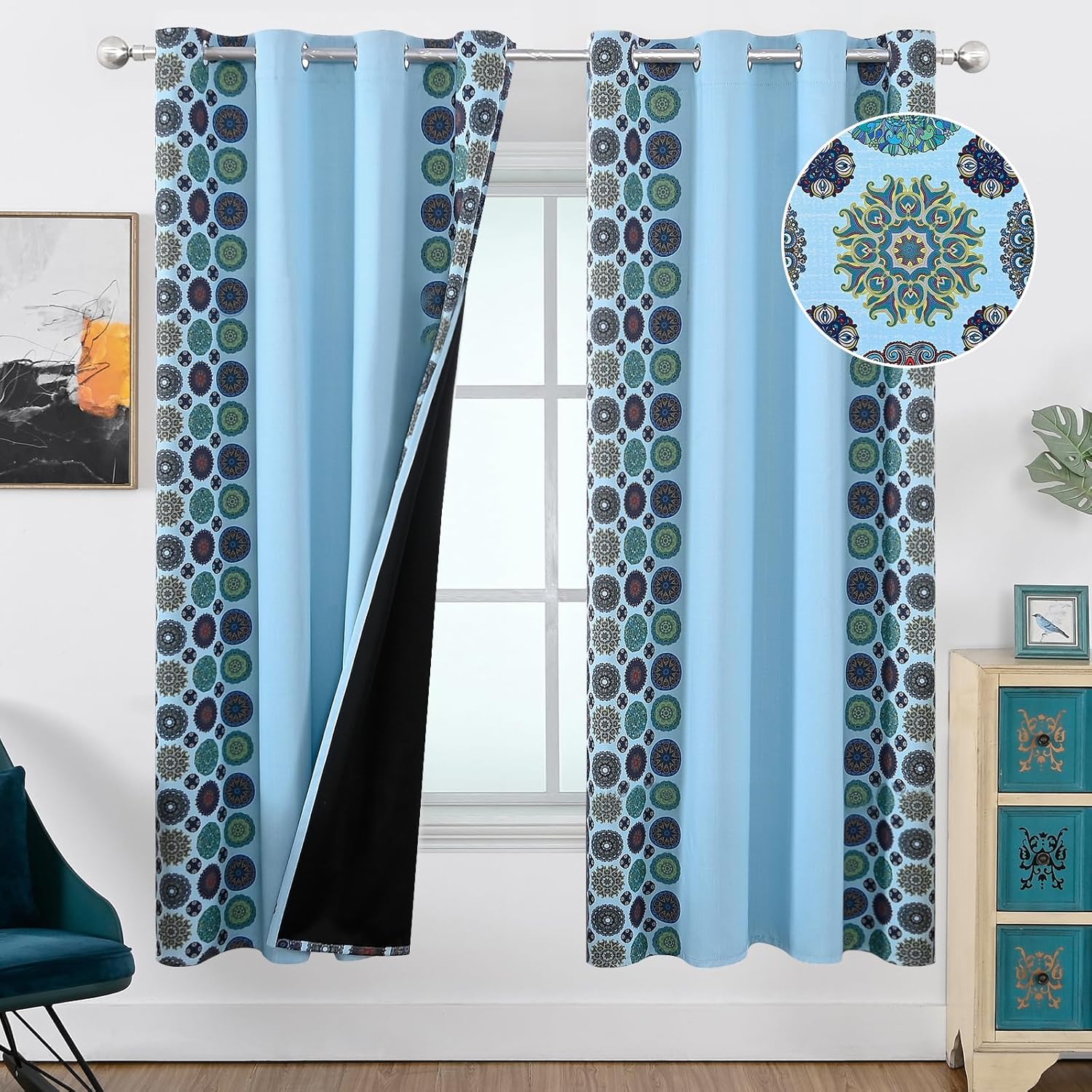 Amazon.com: Estelar Textiler Sky Blue Boho Blackout Curtains for Living ...