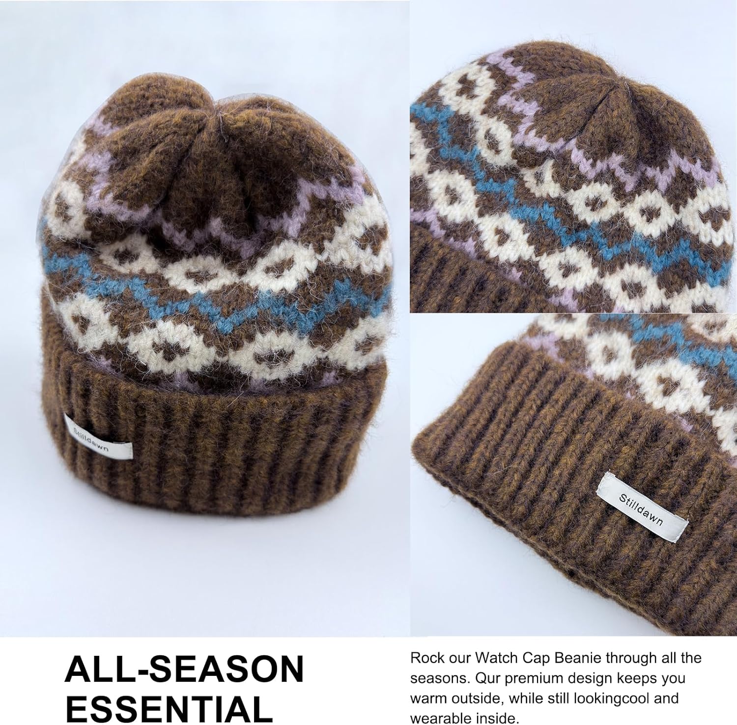 Stilldawn Winter Jacquard Beanie Hats for Women Men, Elegant Textured Knit Slouchy Beanie,Unisex Cuffed Beanie Cap for Skiin - Image 5
