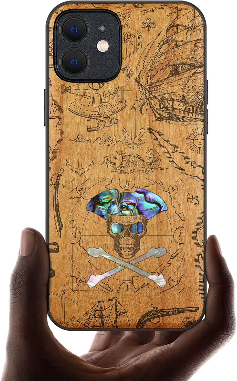Carveit Designer Wooden Protective Case for iPhone 12 Magnetic Cover [Wood Engraving & Shell Inlay] Wood Phone Case Compatible with iPhone 12 MagSafe (Pirate Skull-Cherry)
