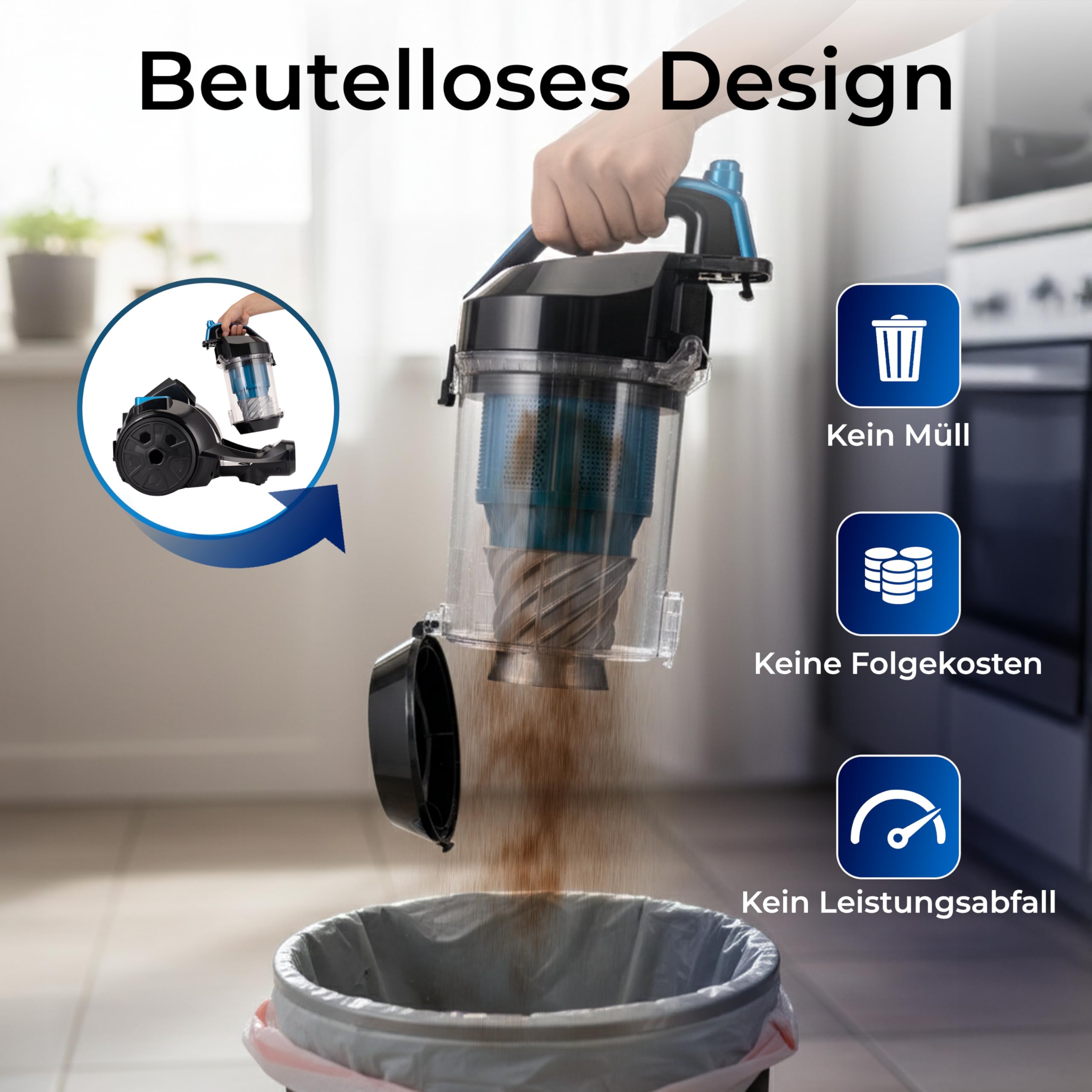 KLAMER Staubsauger beutellos mit HEPA H12 Filter gegen Tierhaare, 850 Watt | Fängt feinste Staubpartikel und Allergene zuverlässig ein. Geeignet für Hartböden, Teppiche, Polster, Treppen und Autos