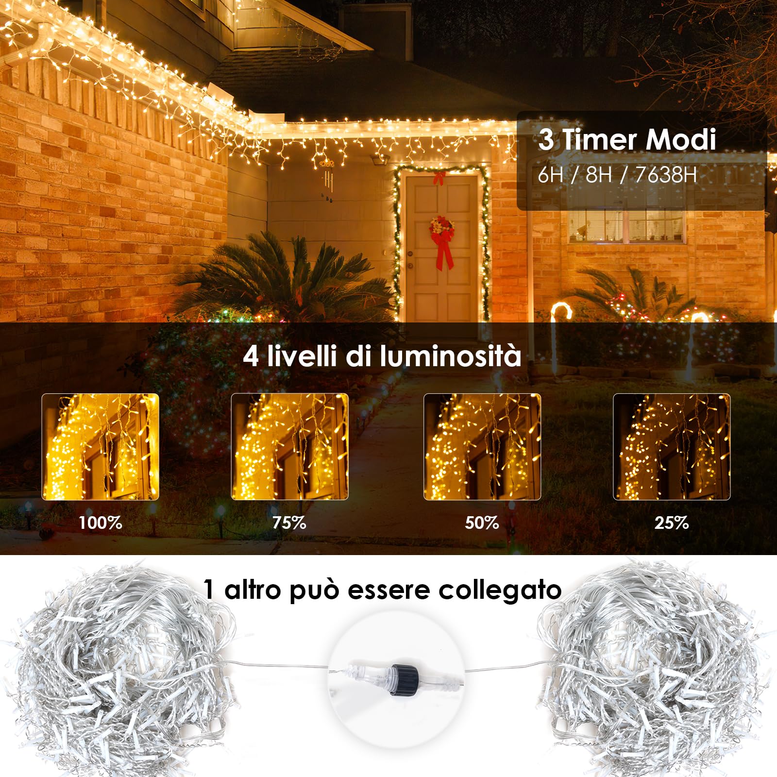 Luci Natale da Esterno Cascata 400LED 10M con Telecomando Tenda Luminosa Esterno Prolungabile /8 Modalità/Timer, per Decorare Giardino, Balcone, Finestra Tetto Bianco Caldo
