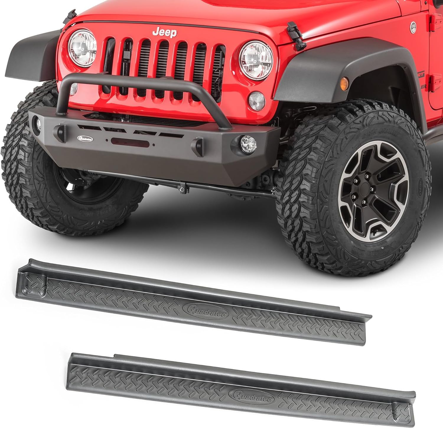 Quadratec Front Custom Fit Entry Guards - Fits Jeep Wrangler JK 2-Door 2007-2018 - High Coverage - Injection-Molded Virtually Indestructible Black TPE Material - Polygon Tread Design