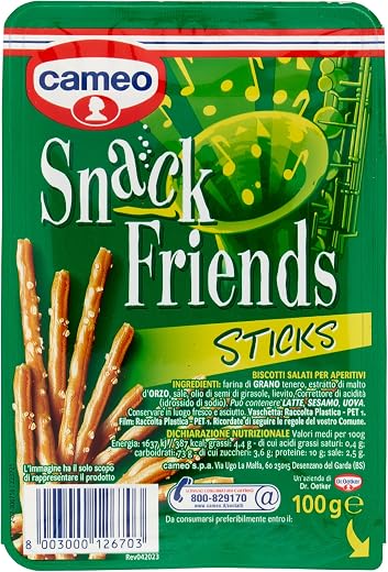 Cameo Snack Friends Sticks 100 g, Savoury Biscuits for Aperitifs, Fragrant Snacks with Salt Grains on the Surface to Enjoy in a Practical Case for 100 g Overall
