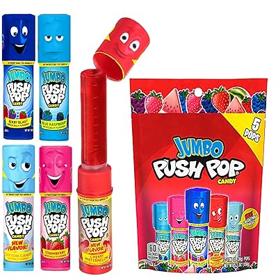 Push Pop Jumbo Lollipop Candy Assortment - Strawberry, Blue Raspberry, Berry Blast, Cherry Watermelon, 5 Count