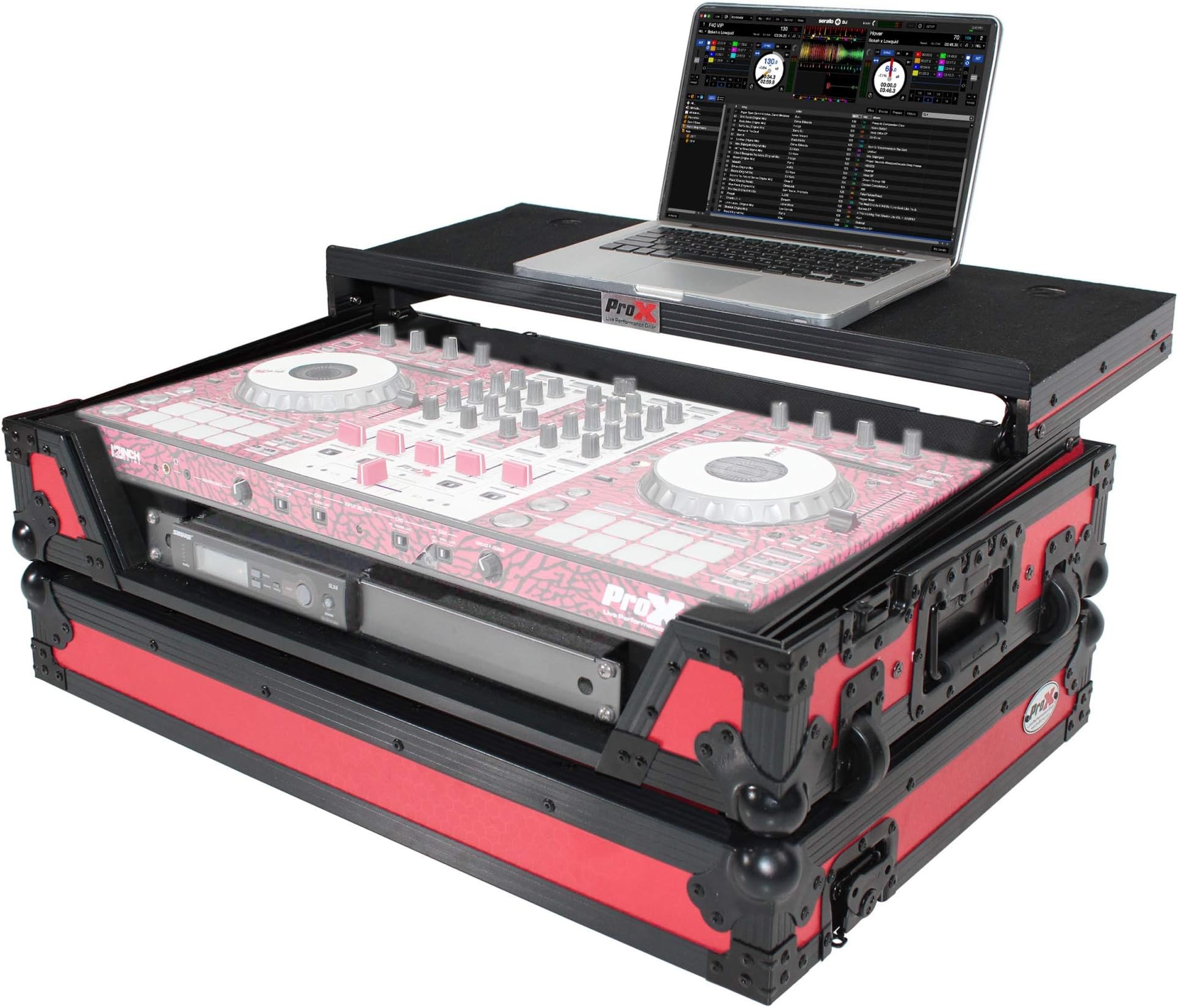 ProX Flight Case for Pioneer DJ DDJ-SX DDJ-RX & Denon MCX7000 With Sliding Laptop Shelf, LED Lights and Wheels - Black on Red Design - XS-DDJSX WLTRB