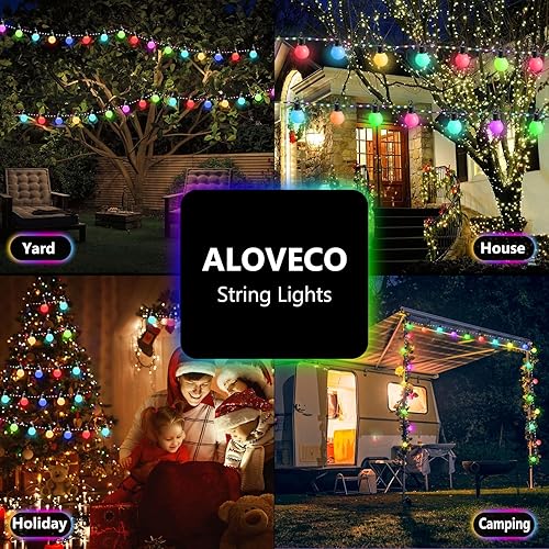 Miniatura 6 de ALOVECO Guirnalda de 100 luces LED de 41 pies para interiores y exteriores, enchufe USB, luces RGB que cambian de color con 20 bombillas G40, IP65,