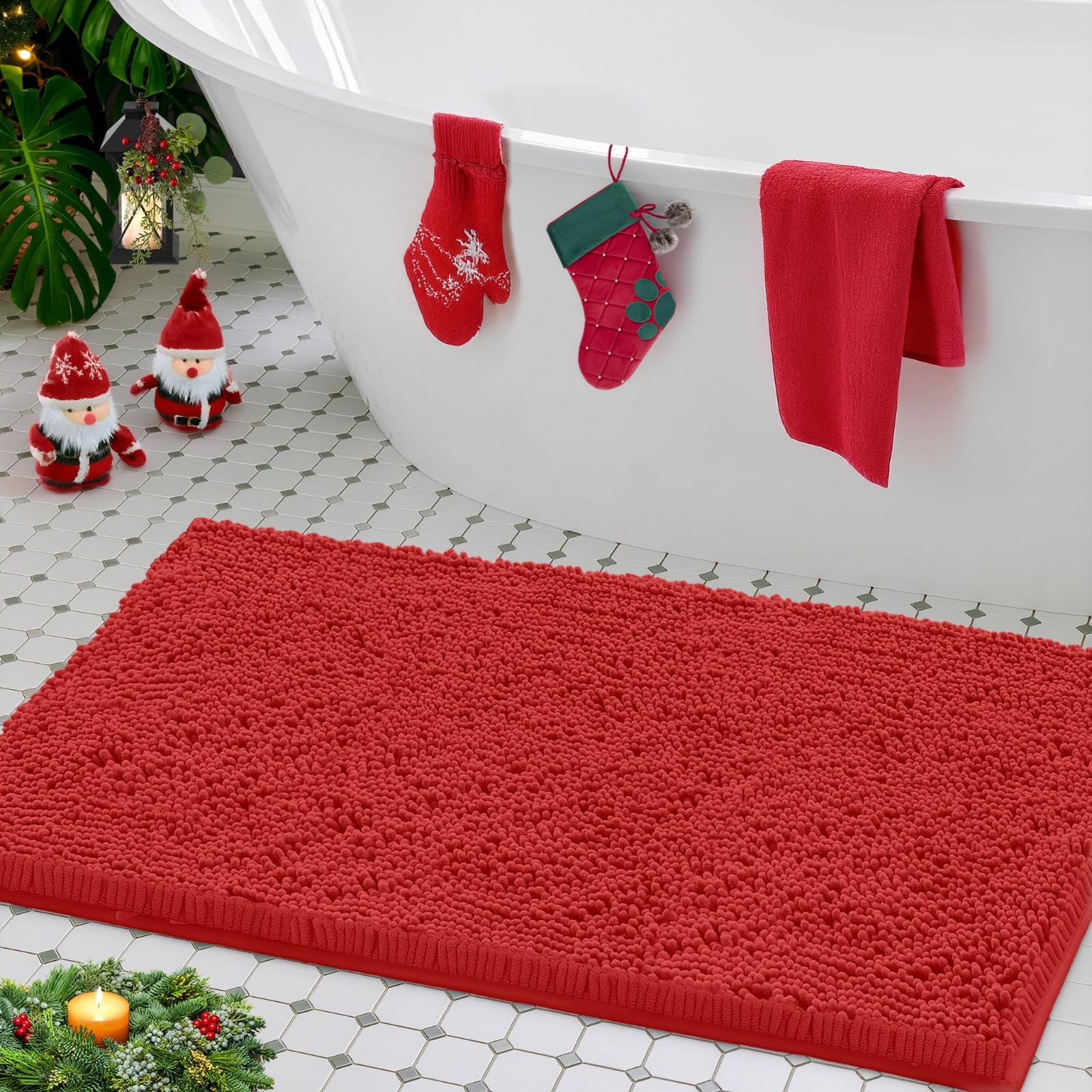 LuxUrux Red Christmas Bath Mat, Extra Soft Plush Bath Shower Bathroom Rug, 1'' Chenille Microfiber Material, Super Absorbent Shaggy Bath Rug 60x 43 cm, Red