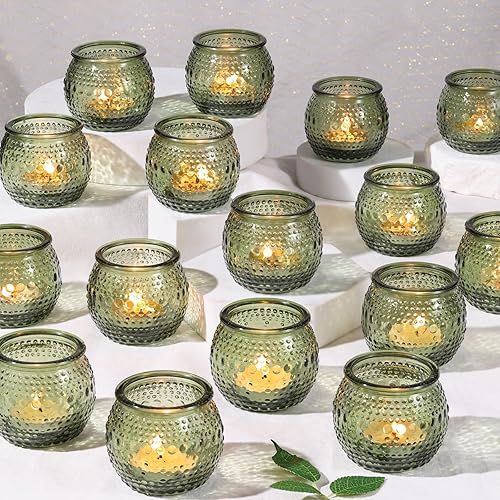40 portavelas votivas verdes, soporte redondo de cristal para velas de té con lunares en relieve, portavelas vintage para bodas, decoración del