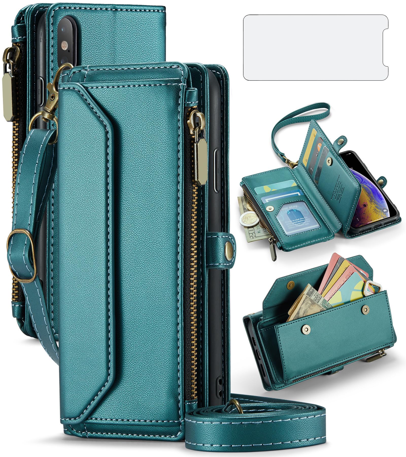 Asuwish Phone Case for iPhone Xs X 10 10s Zipper Wallet Cover with Tempered Glass Screen Protector Flip RFID Blocking Card Holder Cell iPhoneX