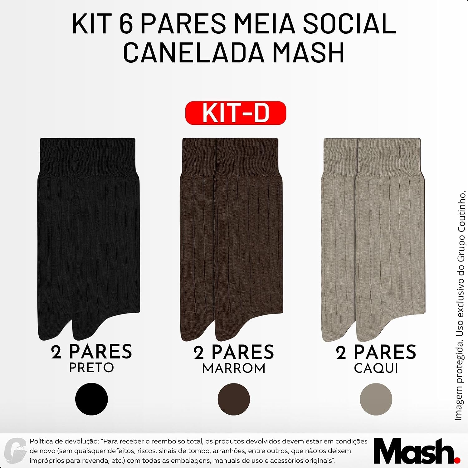 Kit 6 Pares de Meia Social Algodão Canelado Mash Masculina