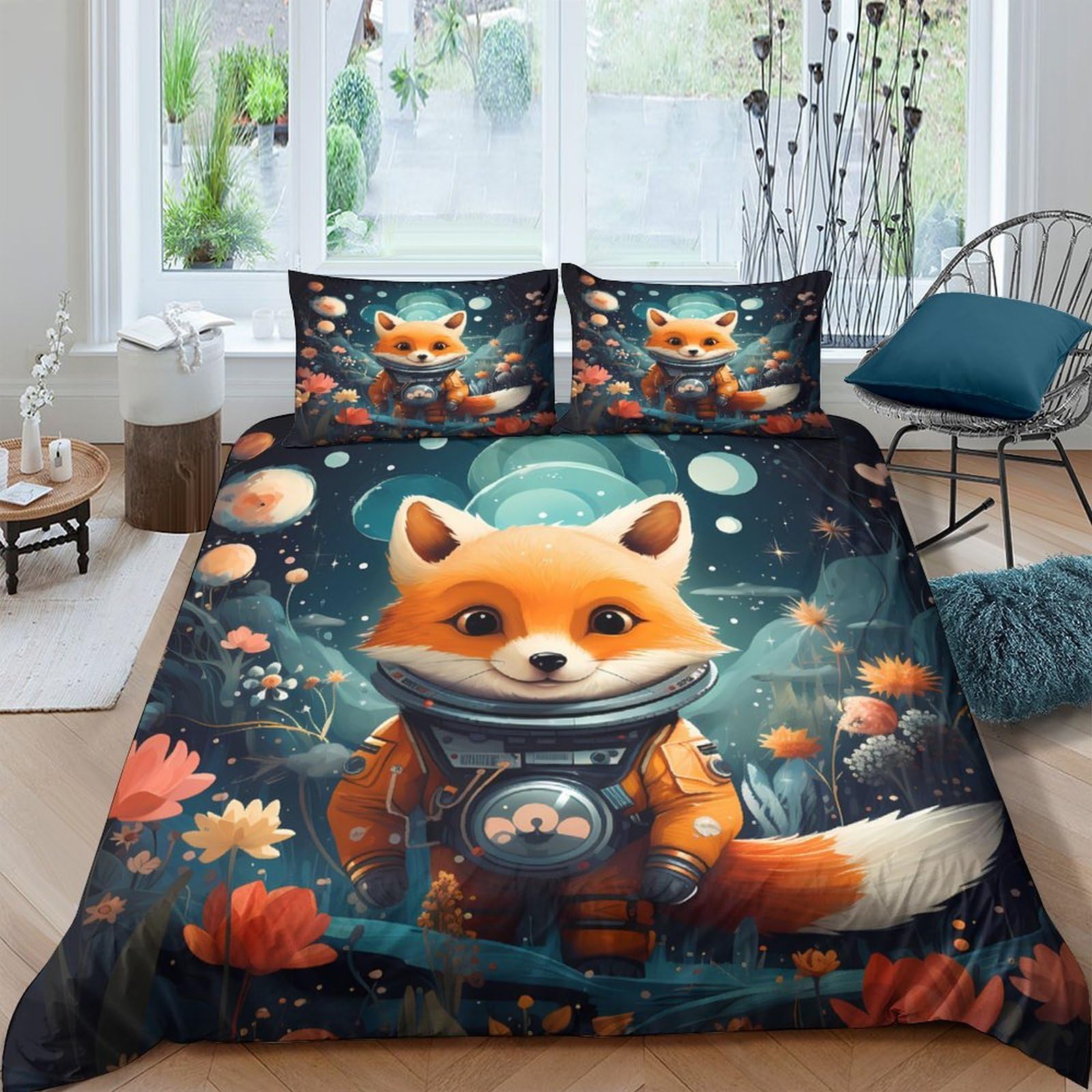 Ctjqhvkz Style-6 3D Printed Space Fox Fitted Sheet Microfiber Orange Cartoon Forest Mattress Cover For Bedroom Dorm Home Mattress Decor Single（135X200cm）