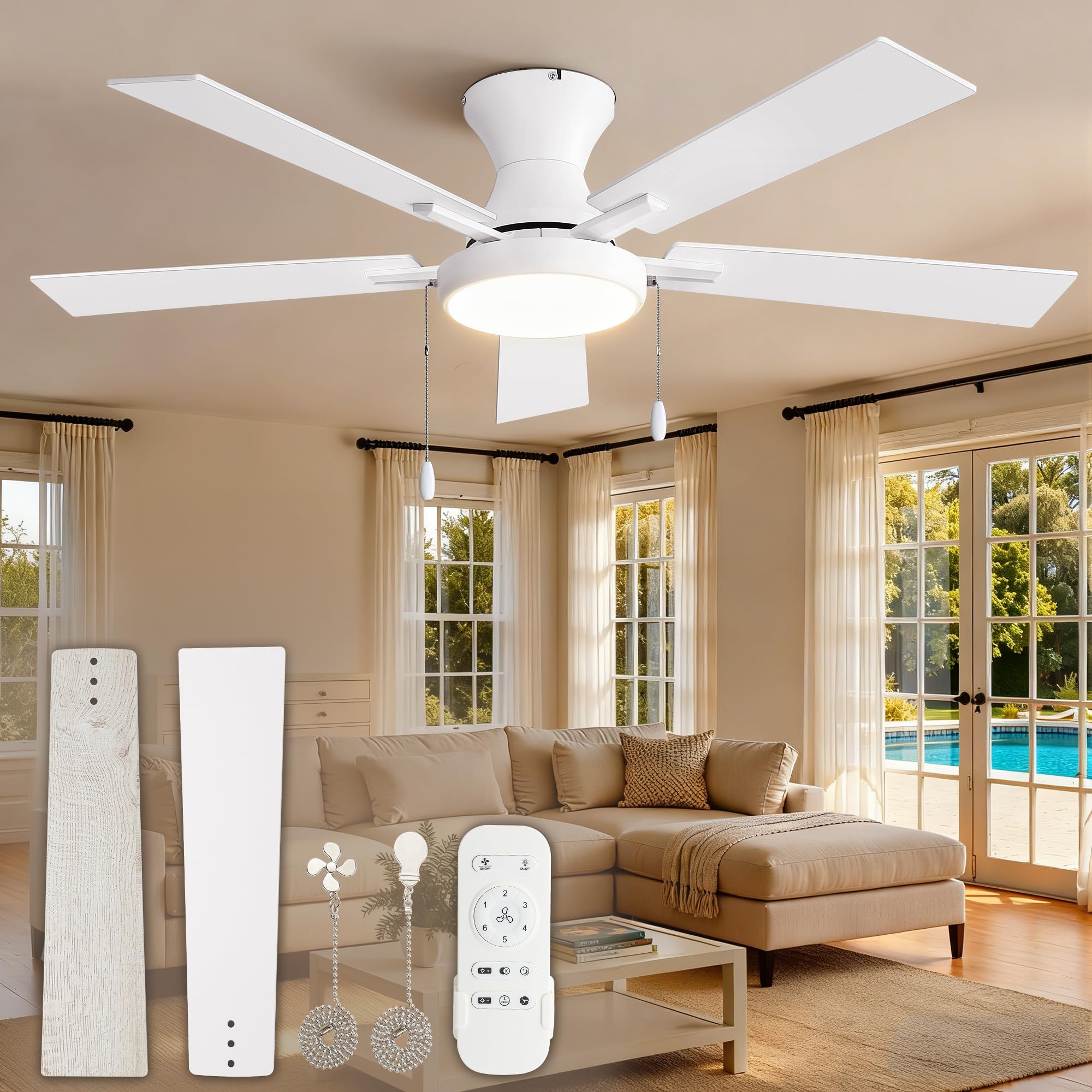ZMISHIBO 52inch Ceiling Fans with Lights, Low Profile Ceiling Fan