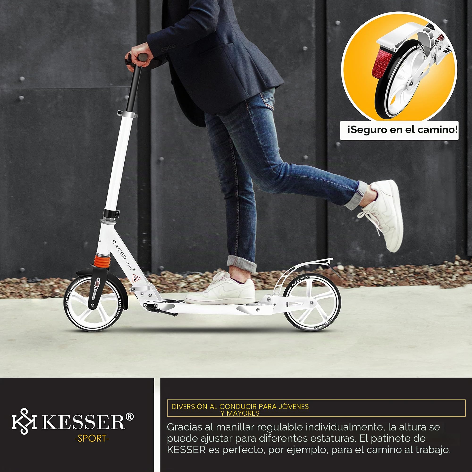 KESSER® City Scooter 205 mm, Ruedas PU Big Wheel - Pro-S Kick Scooter Con Doble Suspensión, Patinete Plegable y Regulable en Altura