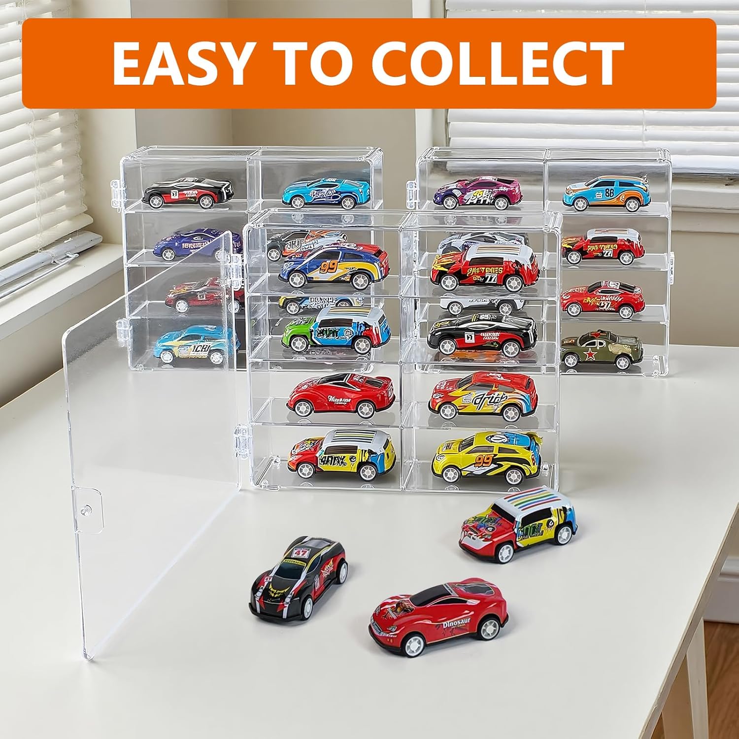 1/64 Scale Matchbox Wheels Toy Car Display Case Holds 32 Toy Cars Storage Organizer, Clear Display Box with Clear Snap-On Dust Cover 6.5 X 7.5 X 1.6 Inches 4 Pack