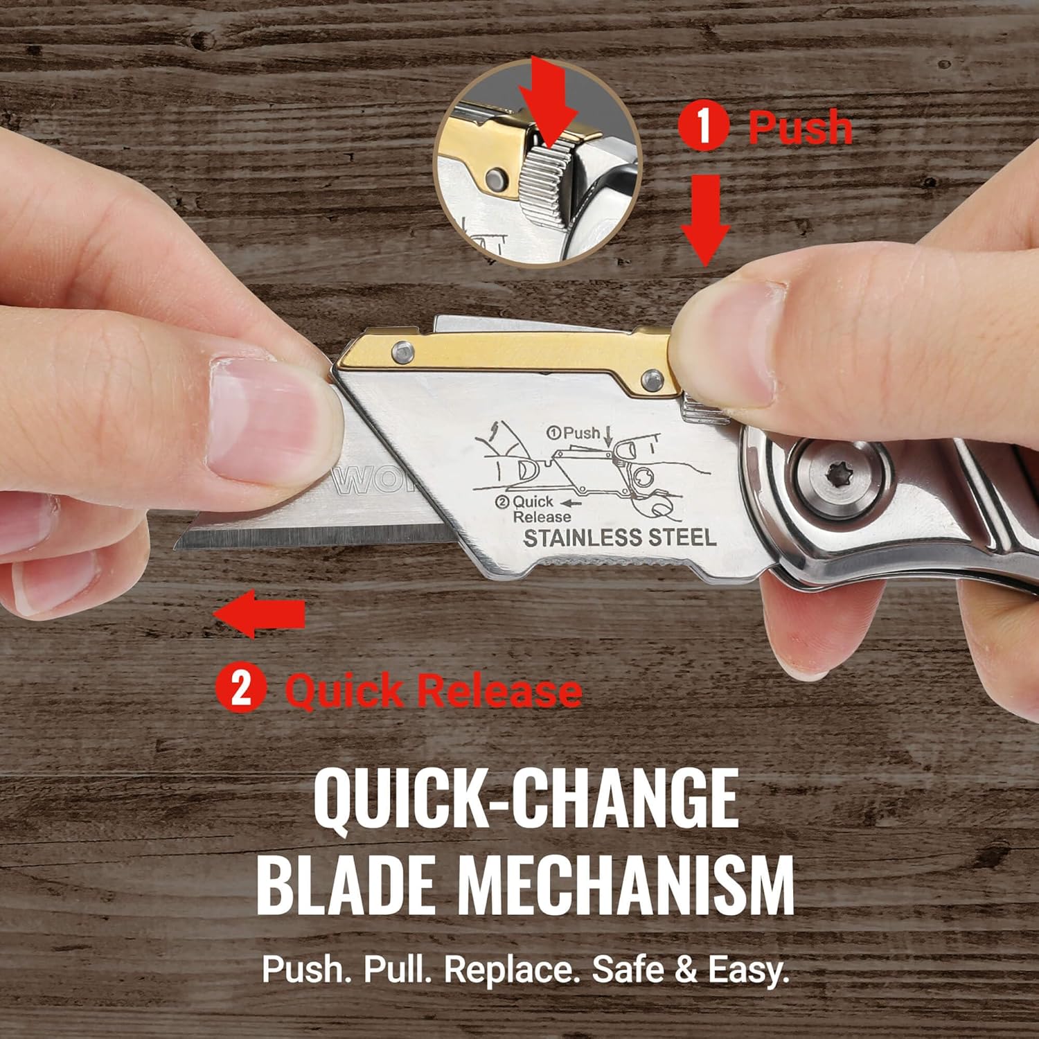 WORKPRO Folding Utility Knife with Belt Clip and Extra 10-piece Blades, Wood Handle Heavy Duty Cutter, Quick-change & Back Lock