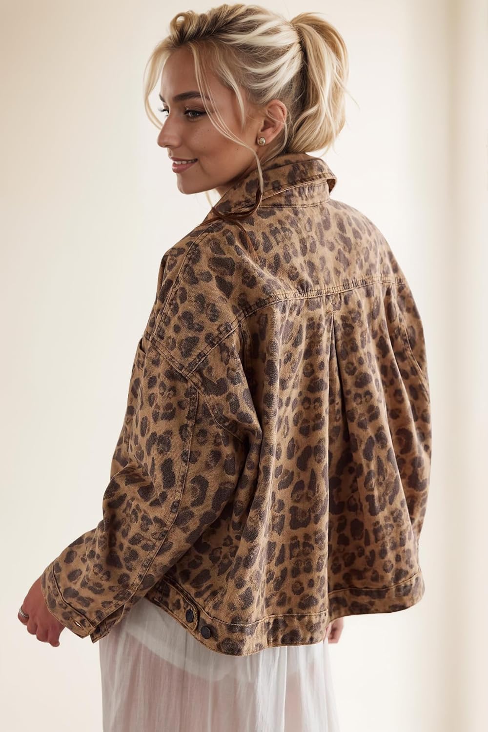 D-Sun Women Casual Denim Jacket Oversized Leopard Stars Printed Boyfriend Vintage Jean Jacket Coat with Pockets - Image 7