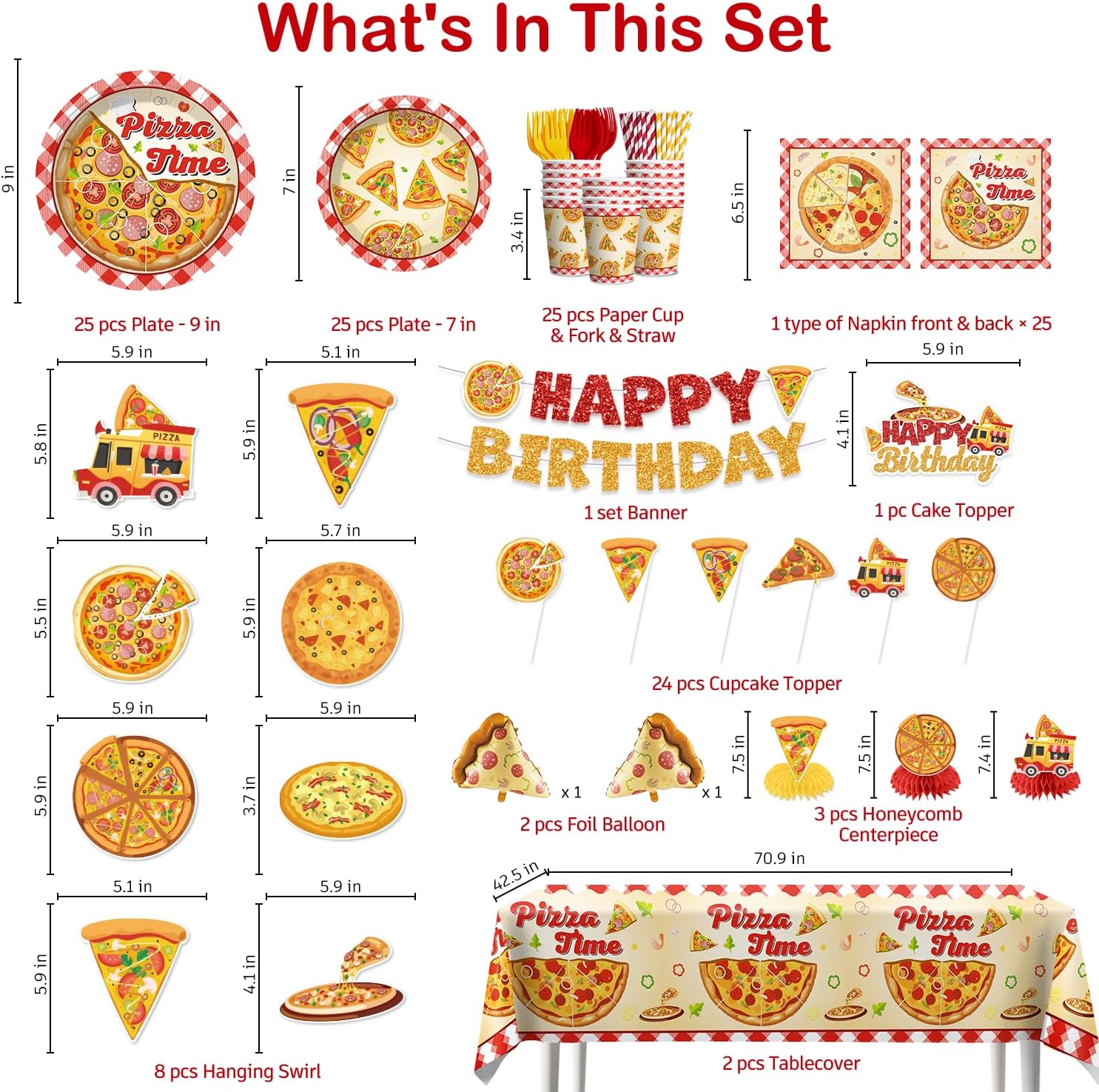 Xynic 191pcs Pizza Party Decorations Tableware Set Serves 25 Pizza Birthday Party Decorations, Disposable Pizza Themed Plates and Napkins Set, with Cakes Toppers, Banner and Tablecloths