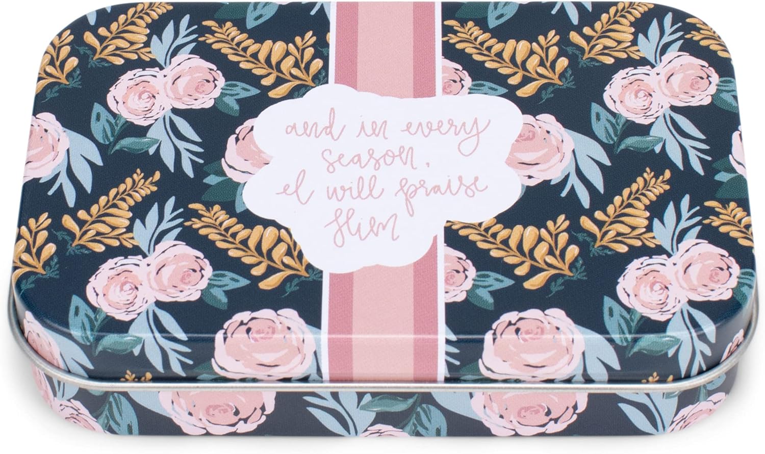 Every Season Praise Him Pink Floral 5 x 2 Metal Prayer Card Tin Box