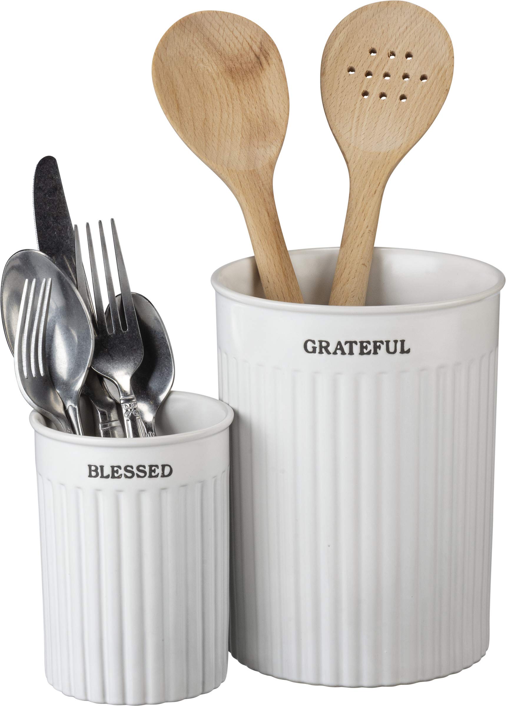 Primitives by Kathy Grateful Stoneware Utensil Holder Set, White