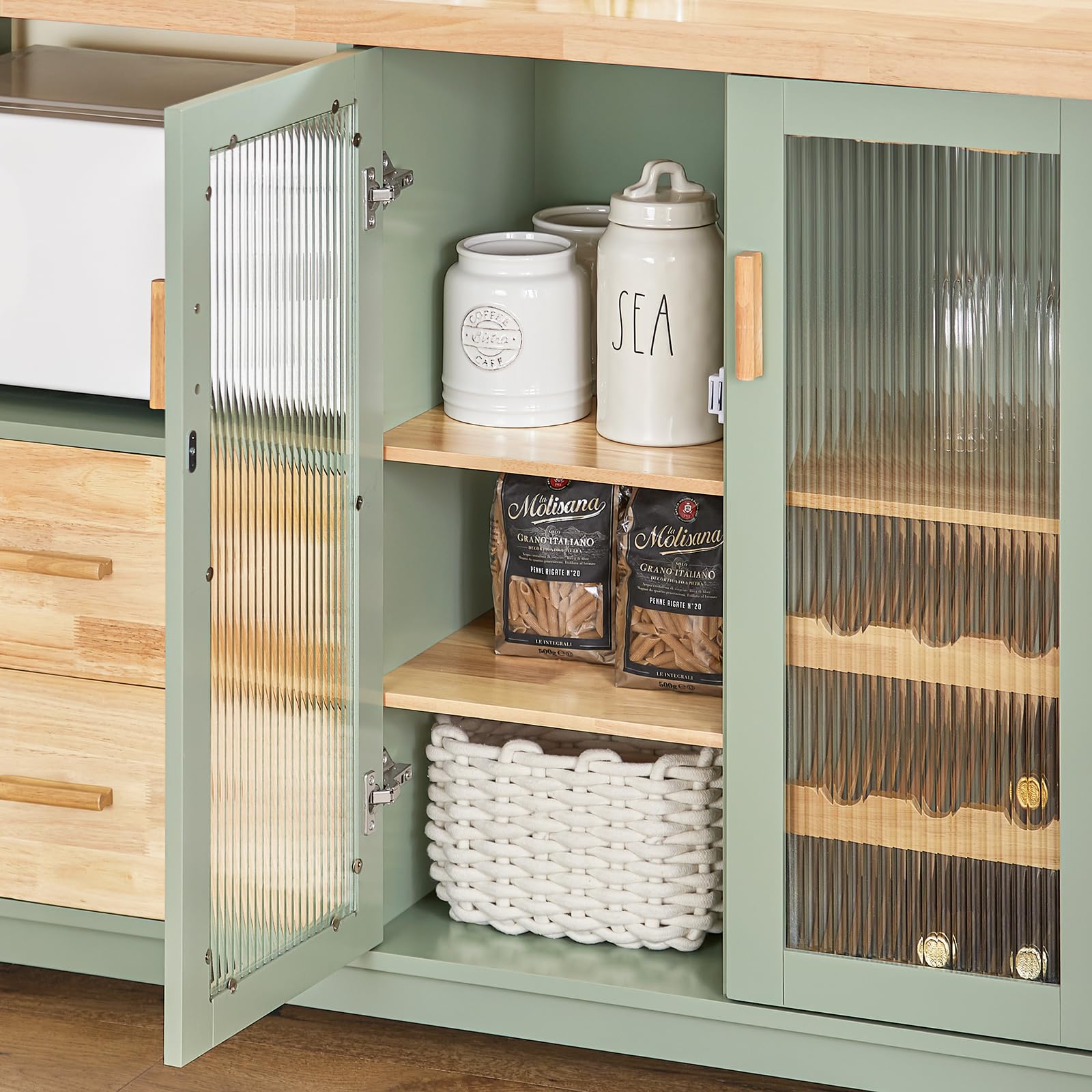 SoBuy Küchenschrank Buffet Kommode mit Glastüren & Schubladen Sideboard mit 120 cm Arbeitsplatte, Mikrowellenfach & Weinregal Küchenmöbel für Wohnzimmer & Esszimmer Grün 120x90x40cm FSB81-GR