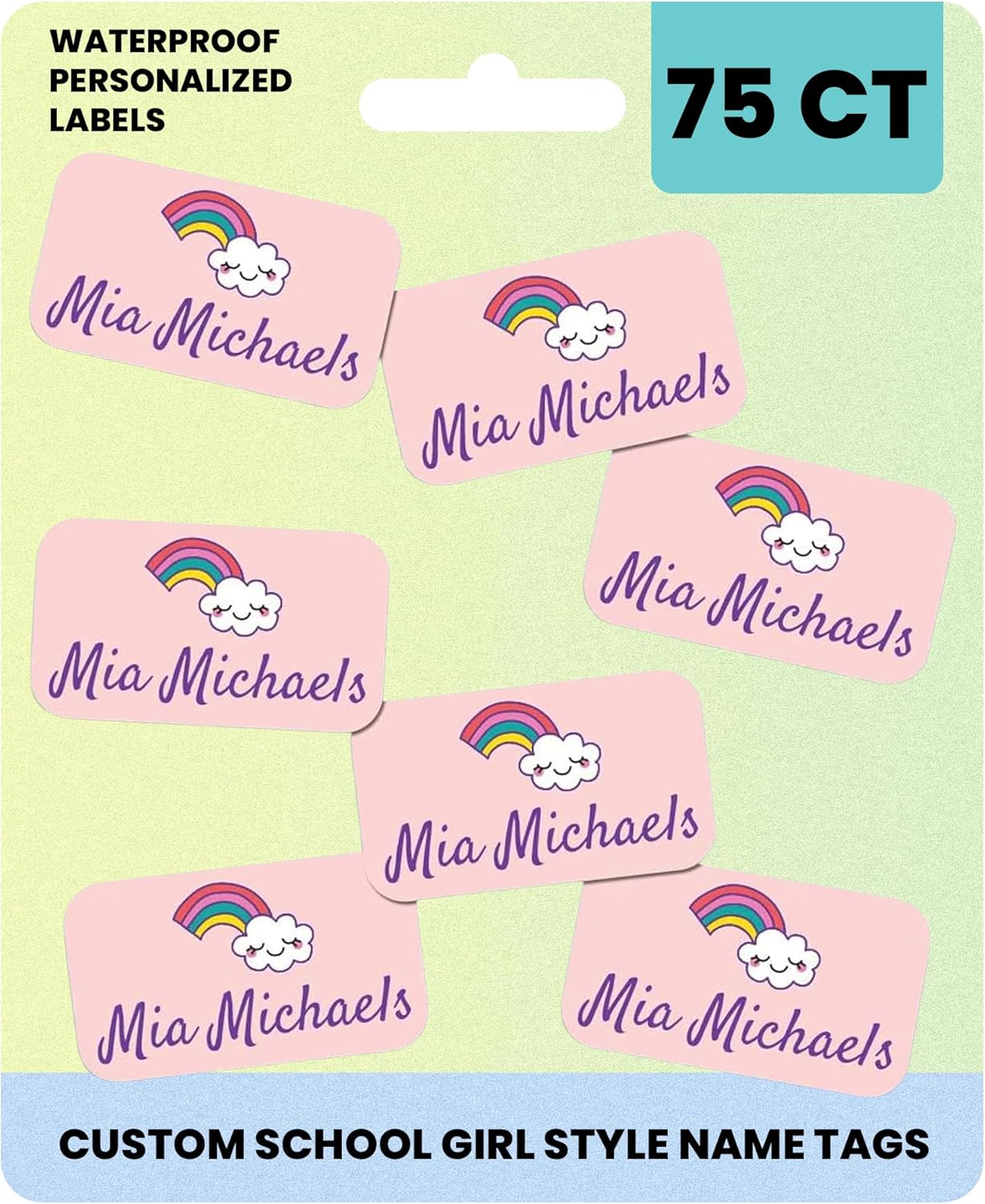 Label Daddy Custom Name Labels for Girls – Waterproof Personalized Name Tags for Daycare, School & Camp - No Iron Needed - Extra Small Labels for Bottles, Backpacks & More – Raiinbow Design | 75 Ct