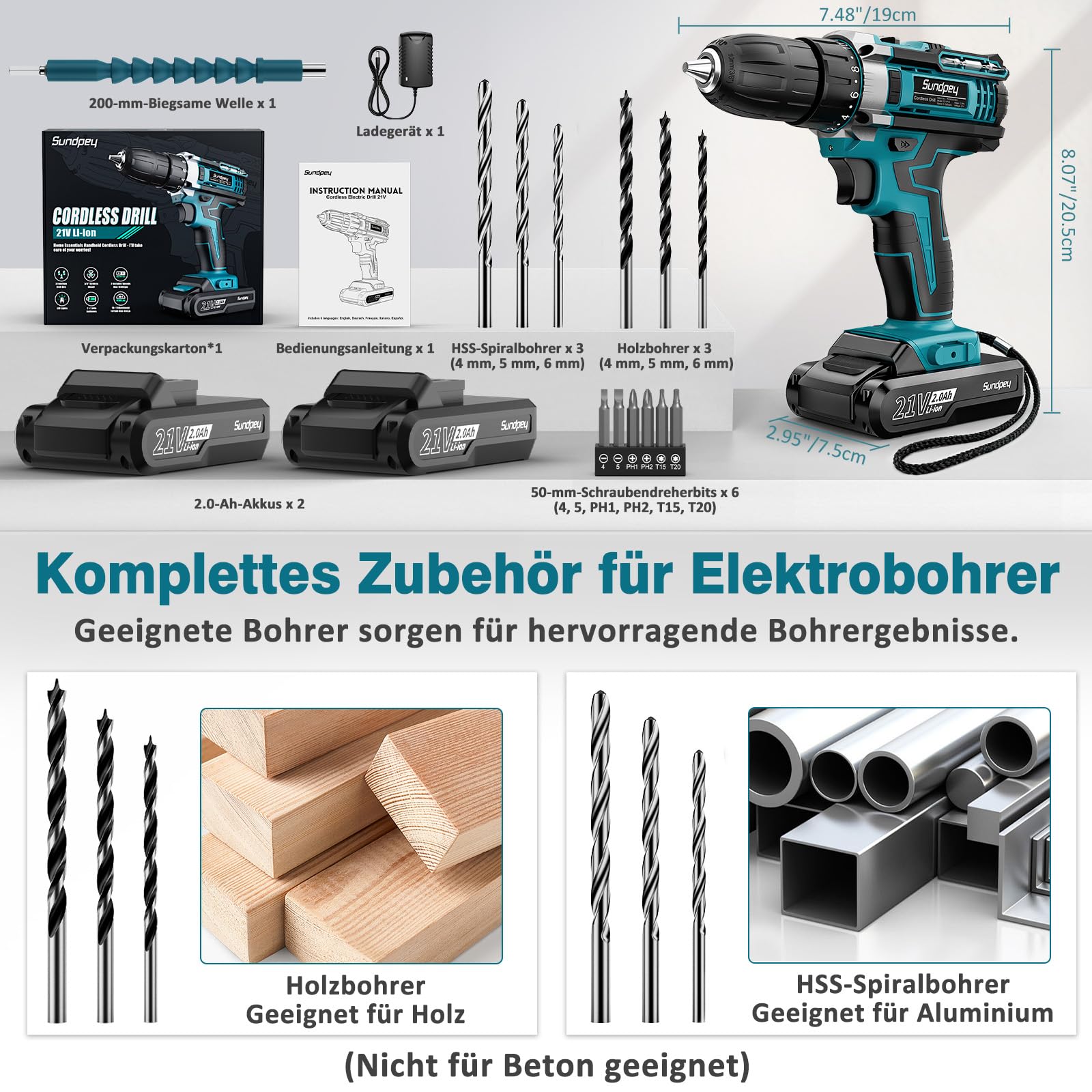 Sundpey Akkuschrauber Set mit 2 Akkus 2,0Ah, 21V Akkubohrer und Schrauber, 1500U/min 45Nm Max Akku Bohrschrauber mit 2-Gang, 18+1 Drehmomentstufen, 10mm Bohrfutter, LED-Licht Für Haus Reparatur & DIY