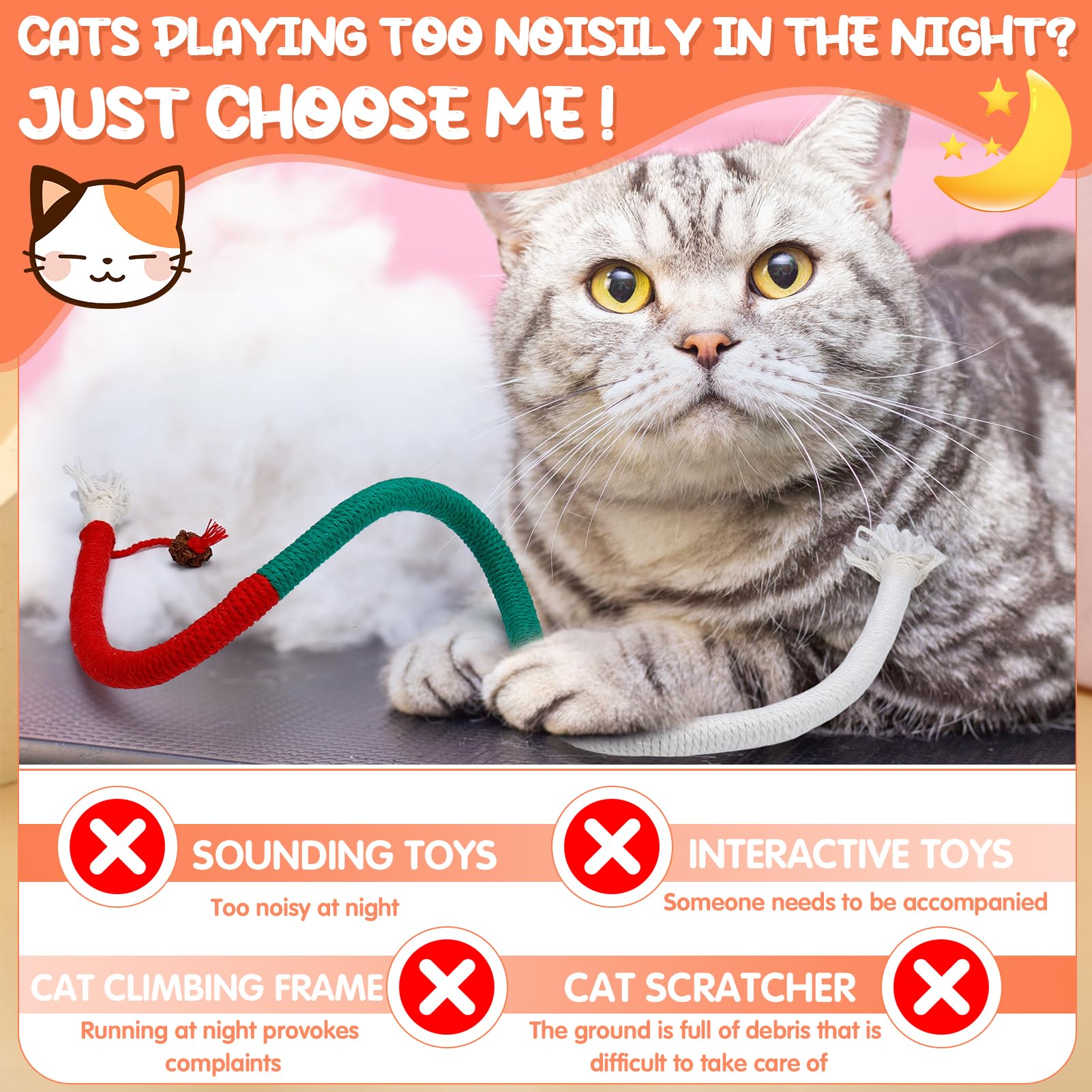 GSrenyu 4 PCS Catnip Cat Toys Chew Ropes, Cotton Chew Rope with Gall Fruit (27 Inches Each) Sticks Toy for Indoor Cats Teeth Cleaning - Image 4