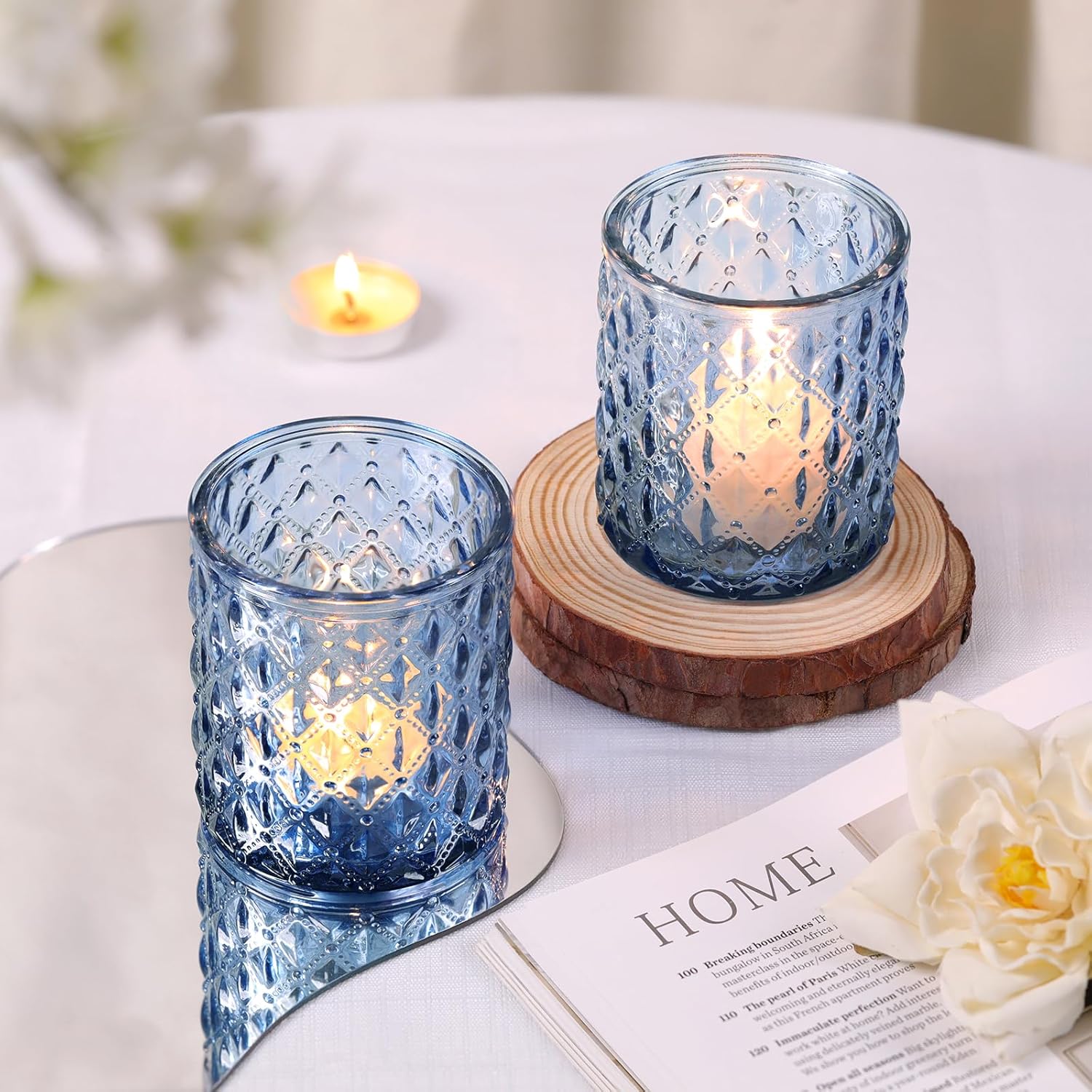 8 Pcs Large Votive Candle Holders Blue Tea Light Candle Holders Glass Candle Holder for Wedding, Bridal Shower, Table Centerpiece, Party, Home Decor