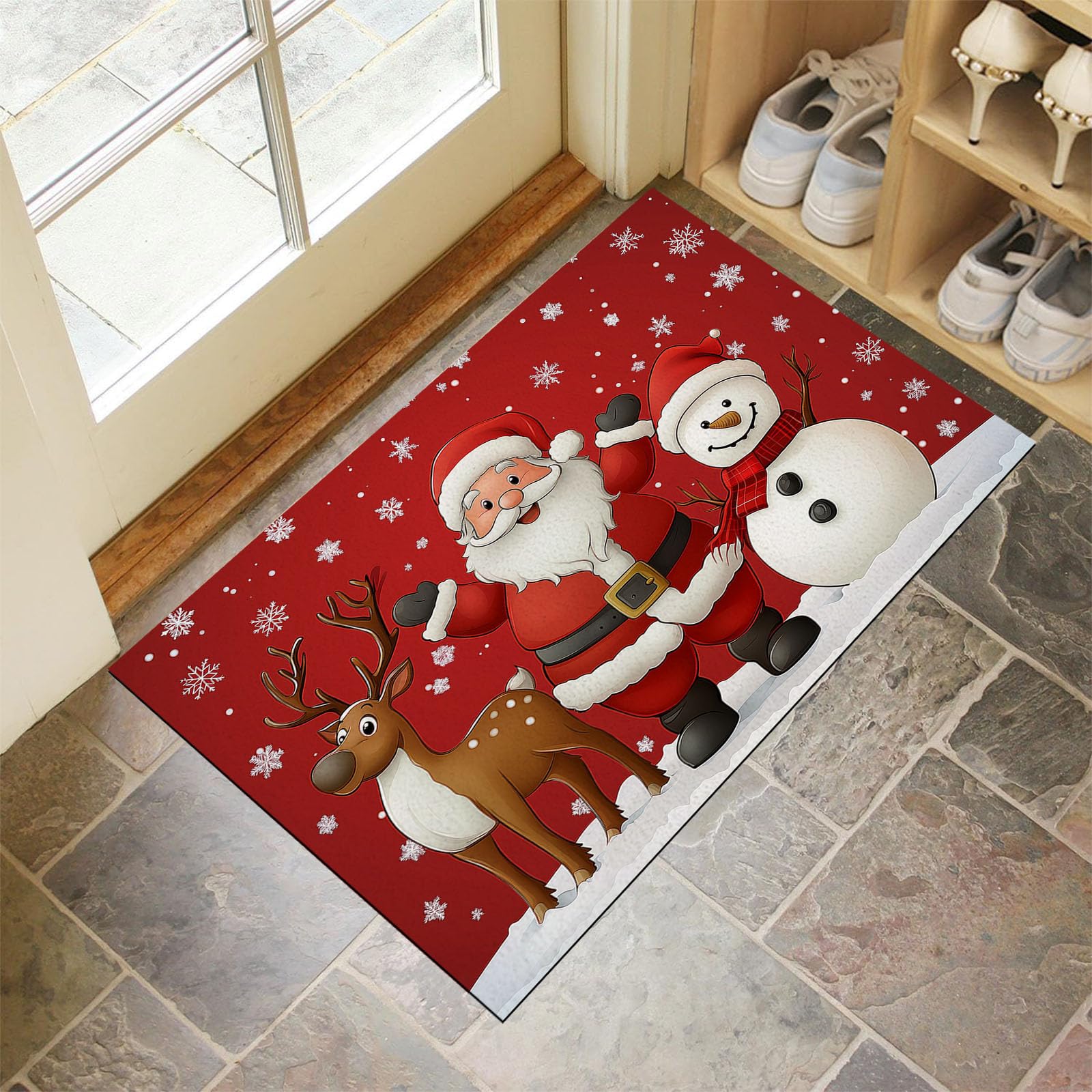 Felpudo Entrada Casa 90x150cm Alfombrilla Antideslizante Papá Noel, Los Renos Y El Muñeco De Nieve, Alfombra Absorbente Tema Navideño para Puerta Interior y Exterior, Pasillo, Oficina - Rojo