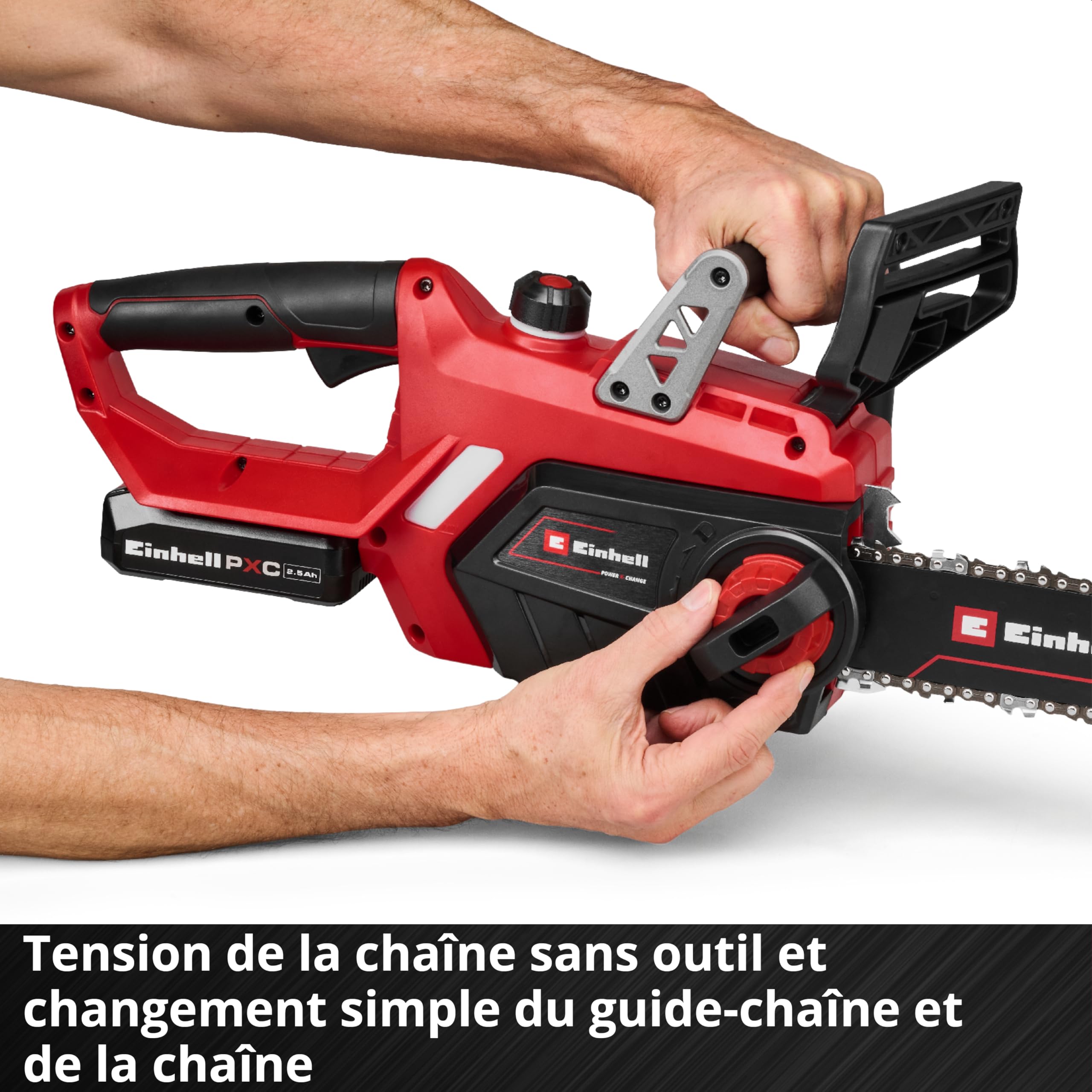 Einhell Akumulatorowa piła łańcuchowa GE-LC 18/25-1 Li Kit (1 x 2,5 Ah), PXC (18 V, długość cięcia 23 cm, prędkość łańcucha 4,5 m/s, automatyczne smarowanie, z akumulatorem i ładowarką)