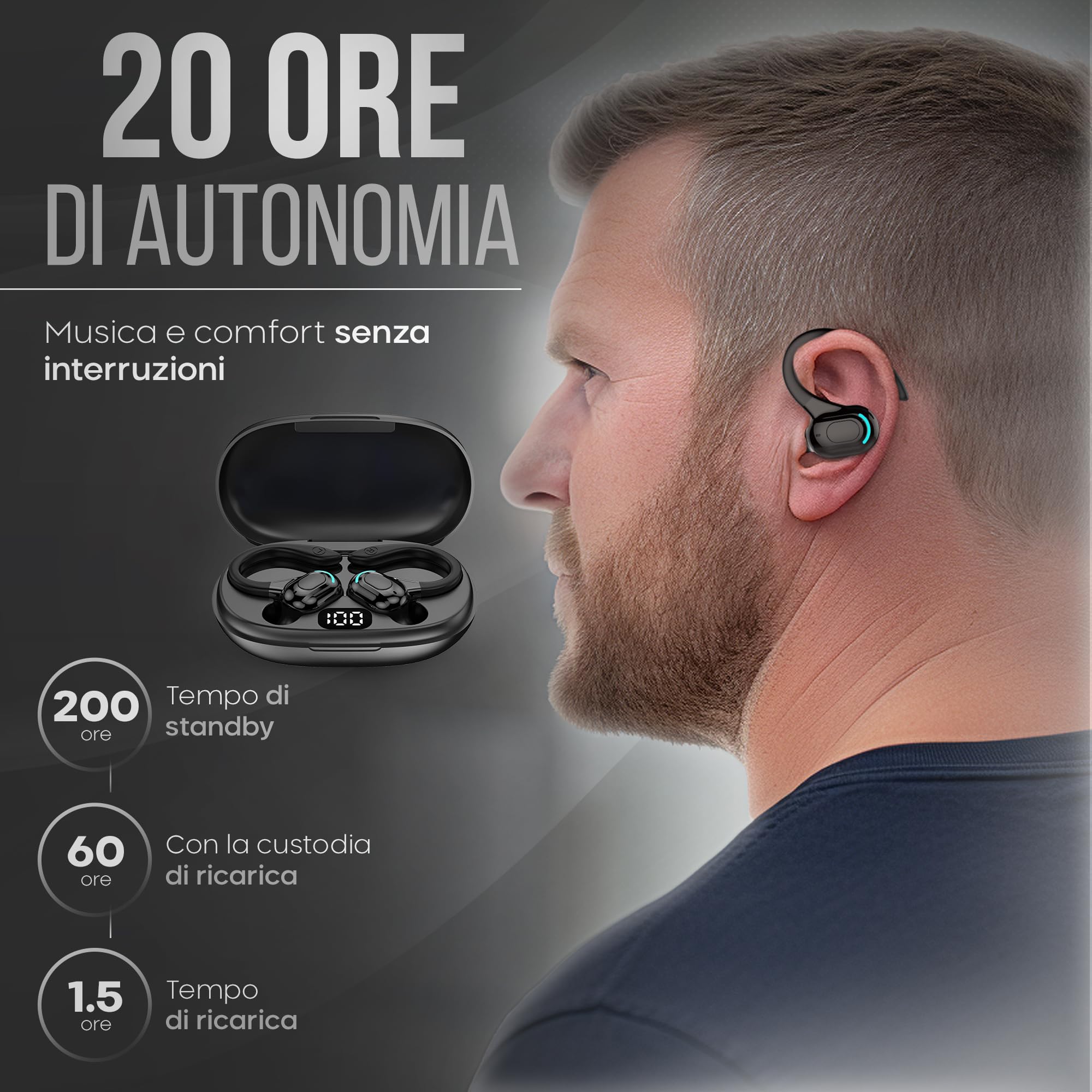 Bezprzewodowy zestaw słuchawkowy Bluetooth 5.2, uniwersalny, z nausznikiem 360°, wbudowany mikrofon, 60 godzin odtwarzania, bateria 70 mAh, ładowarka typu C 300 mAh, stereo, niezależna opcja słuchania