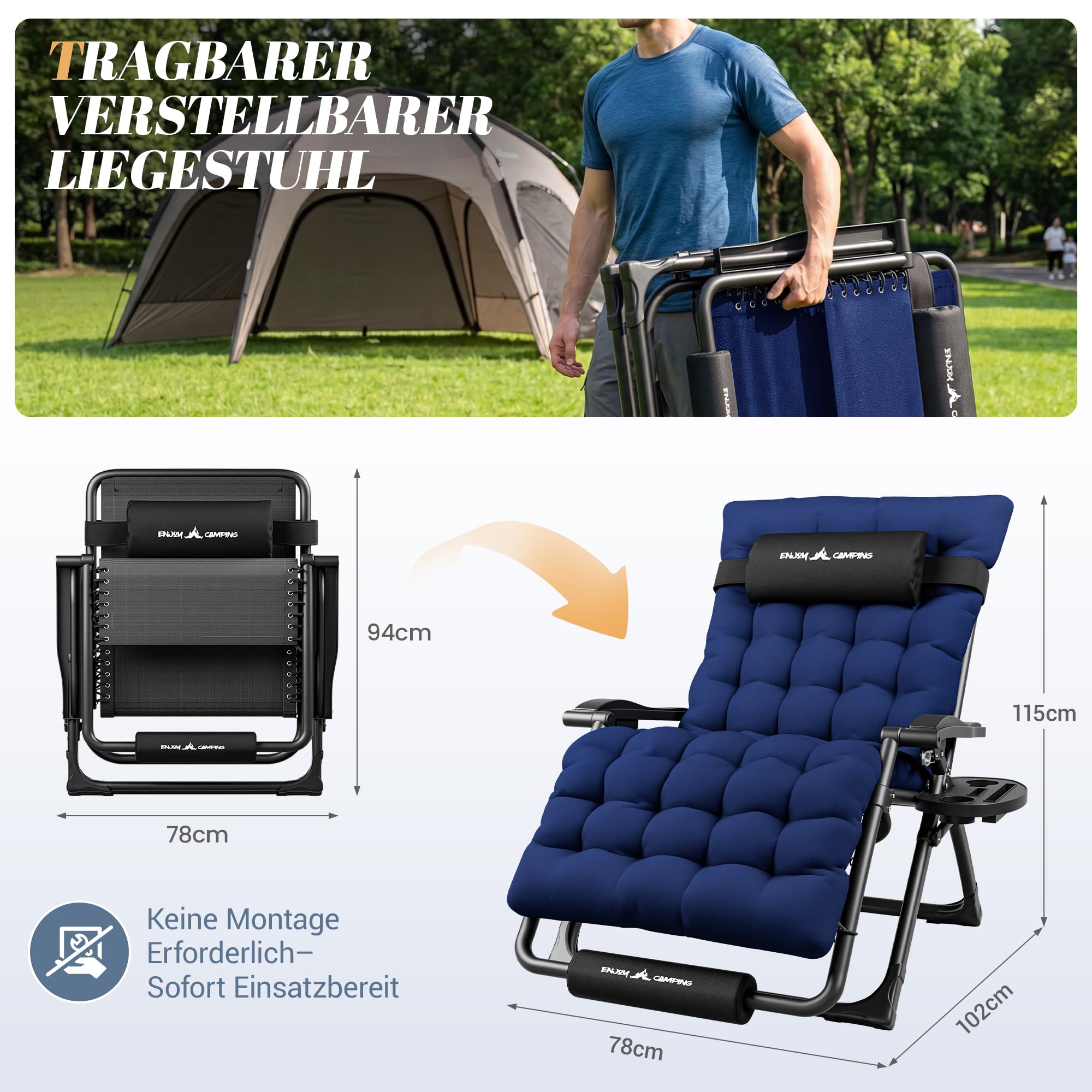 UDPATIO Sedia a sdraio pieghevole con supporto per bevande, sedia da giardino con cuscino, sedia a sdraio, extra grande, schienale regolabile (blu marino, misura XX)