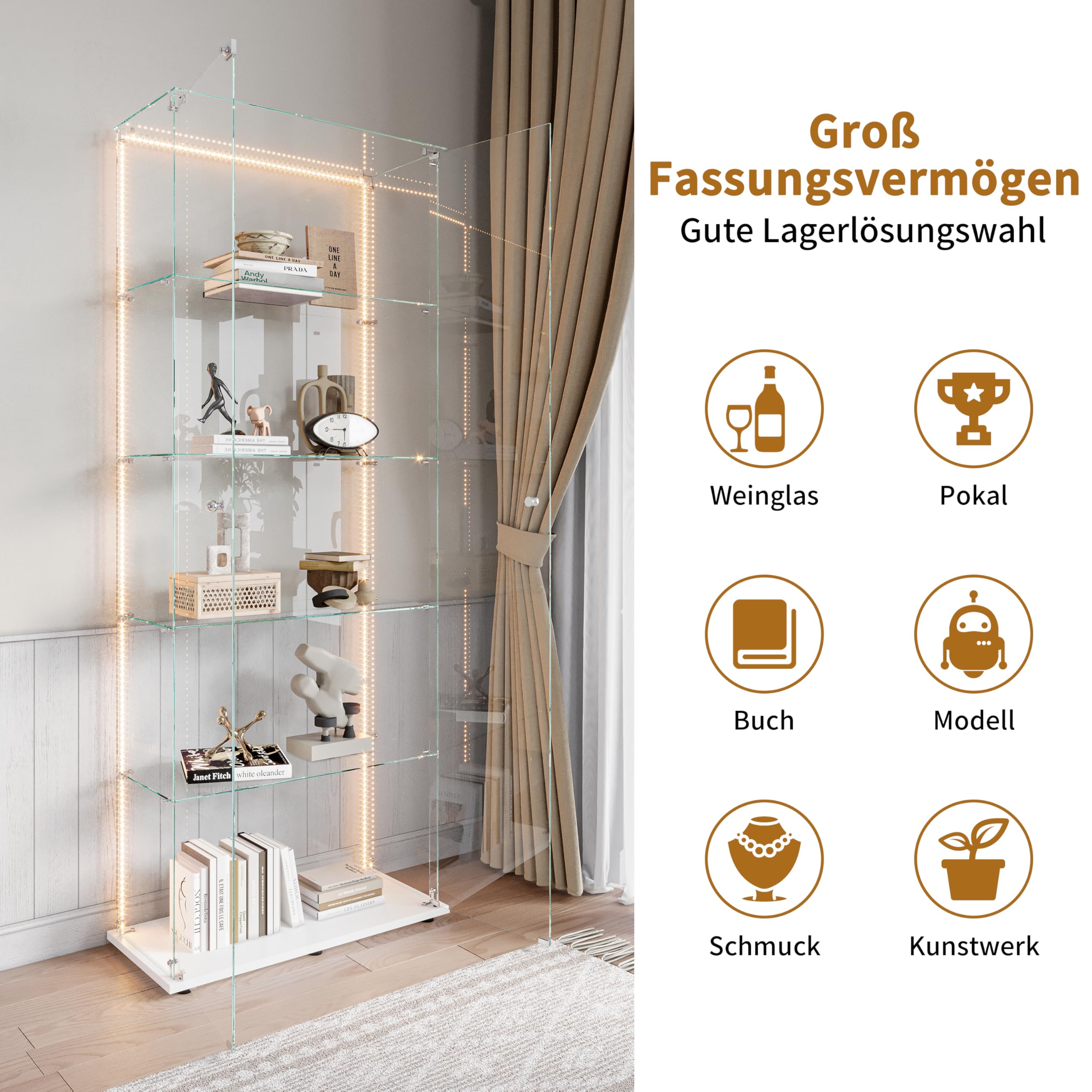 Vitrina de cristal con iluminación LED, vitrina de pie con 5 estantes de vidrio y 2 puertas de vidrio con cerradura, vitrina para salón, oficina, artículos de colección, libros, vino, color