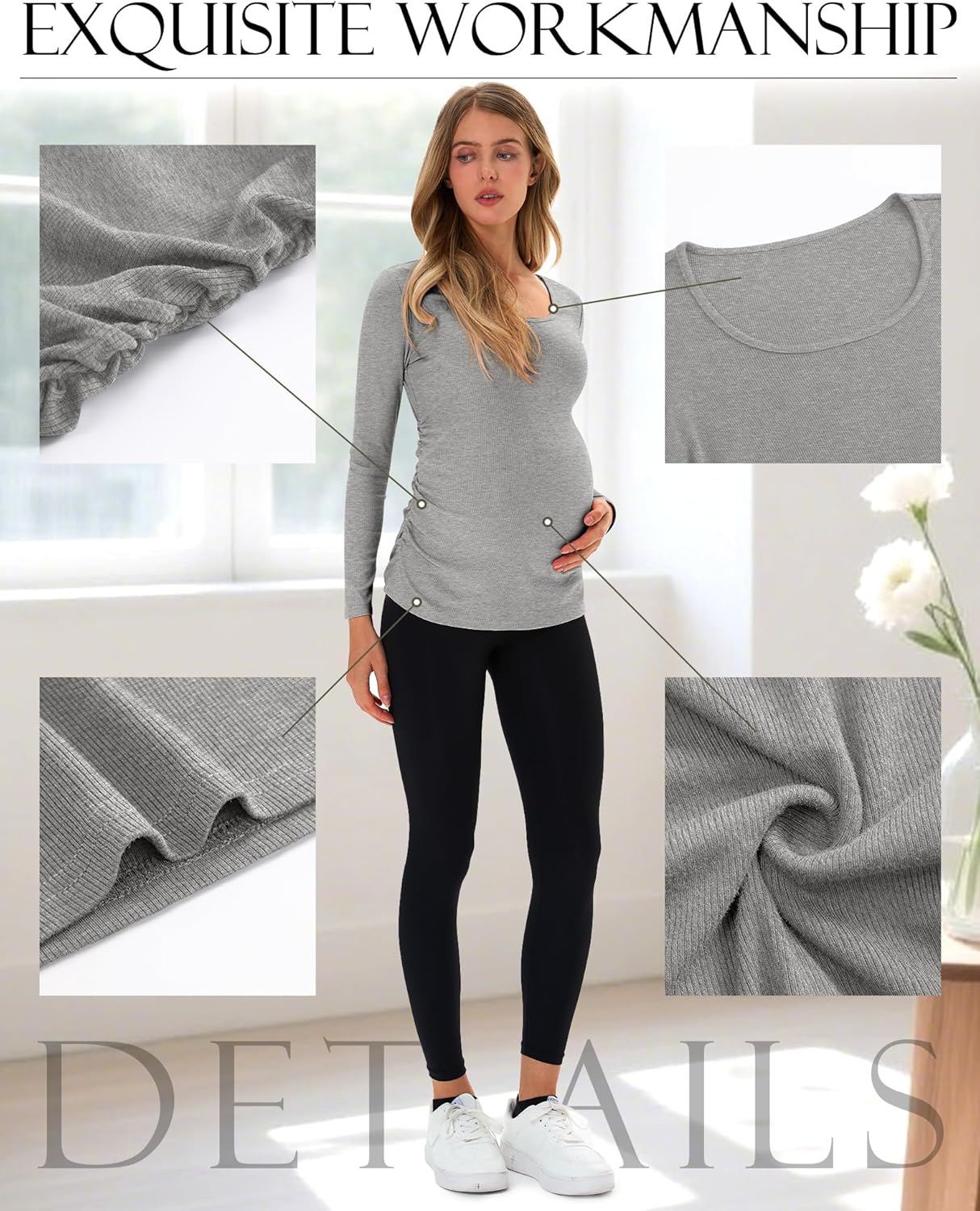 Huukeay 4 Pack Women's Cotton Maternity Tops Long Sleeve Ribbed Side Ruched Scoop Neck Shirts Casual Mama Pregnancy Clothes - Image 6