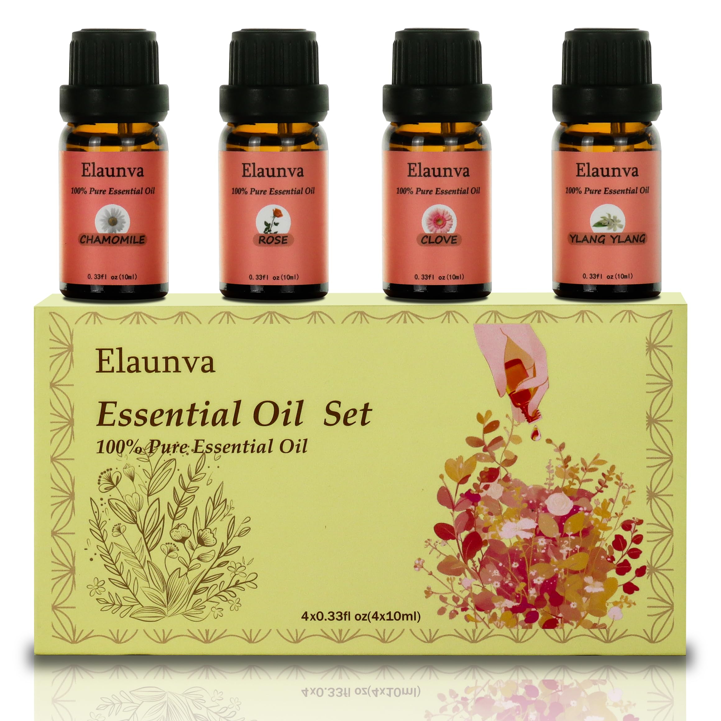 Elaunva Essential Oils Set,100% Pure Natural,4 Scents(Clove/Chamomile/Rose/Ylang),for Valentine's Day GIF and Home Fragrance,Aroma Therapy Oil,Gift