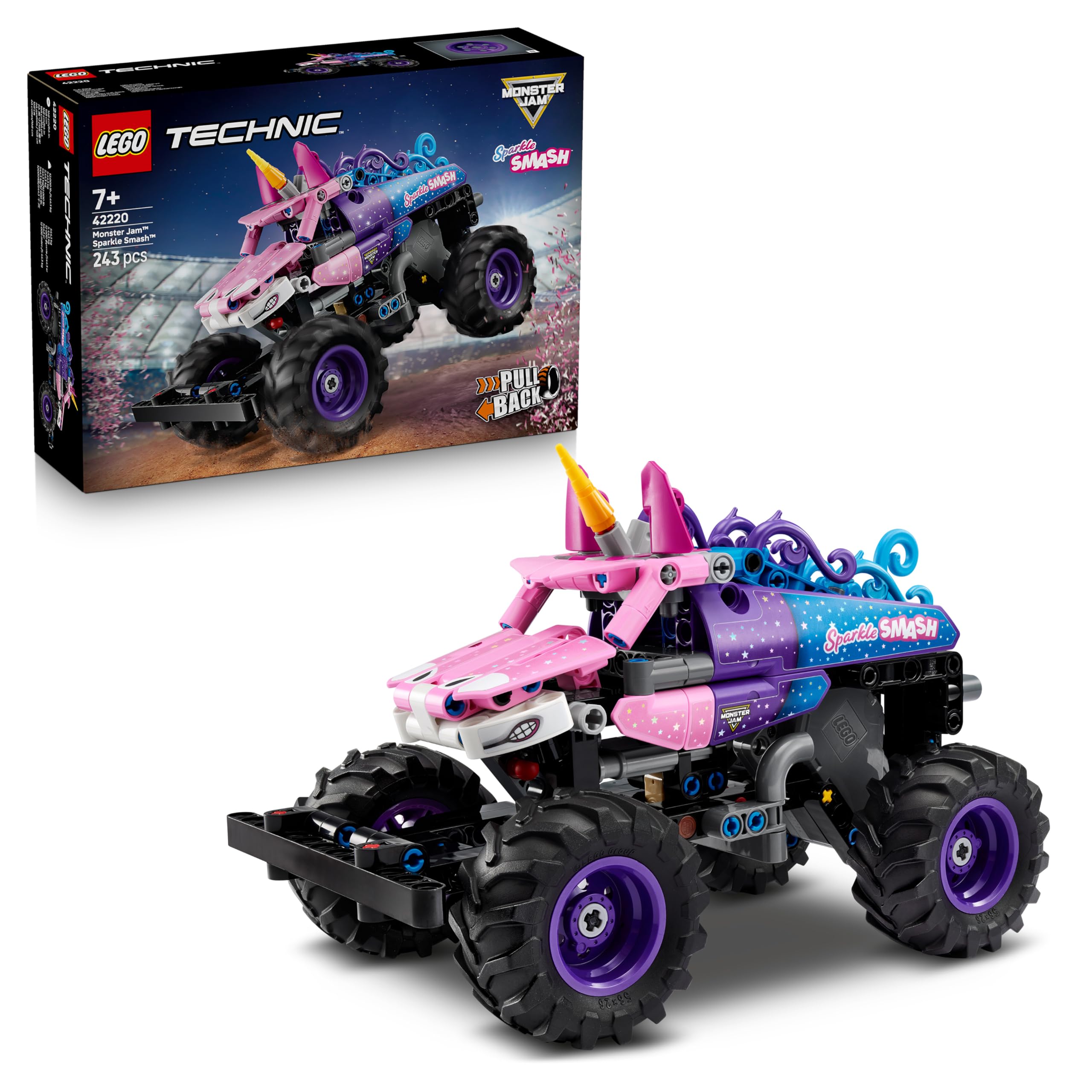 LEGO Technic Monster Jam Sparkle Smash Pull-Back Truck Toy - Pink Unicorn Themed Race Car Model Kit - Creative Birthday Gift for 7+ Year Old Boys, Girls & Fans - 42220