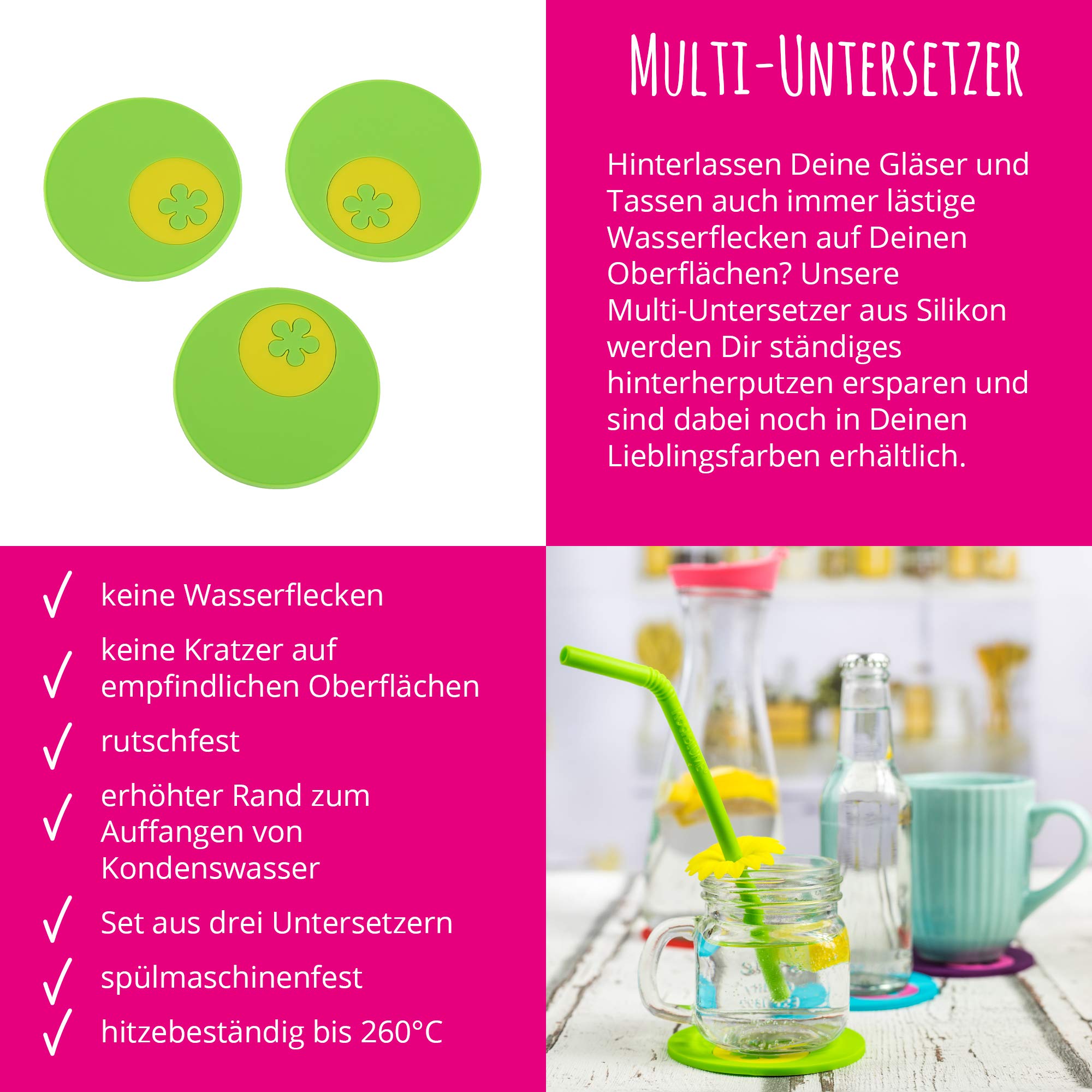 Kochblume Summer Breeze Set | Trinkhalm, Multiuntersetzer, Eiswürfelbereiter, Silikon | Das Original von Cooklife in der pinken Box (anthrazit, 3er Set)