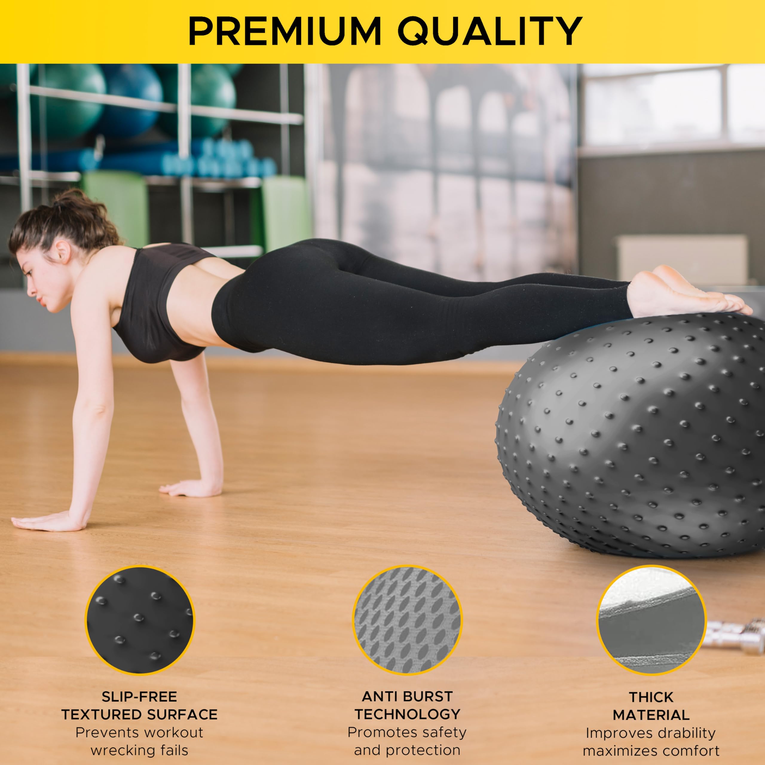 PULSEIT FlexSphere Anti-Burst Spiky Gym Ball with Foot Pump Exercise Stability Ball for Yoga, Pilates, Balance Training, Core Strength, Home & Office Fitness for Men & Women (65cm-Black) 3